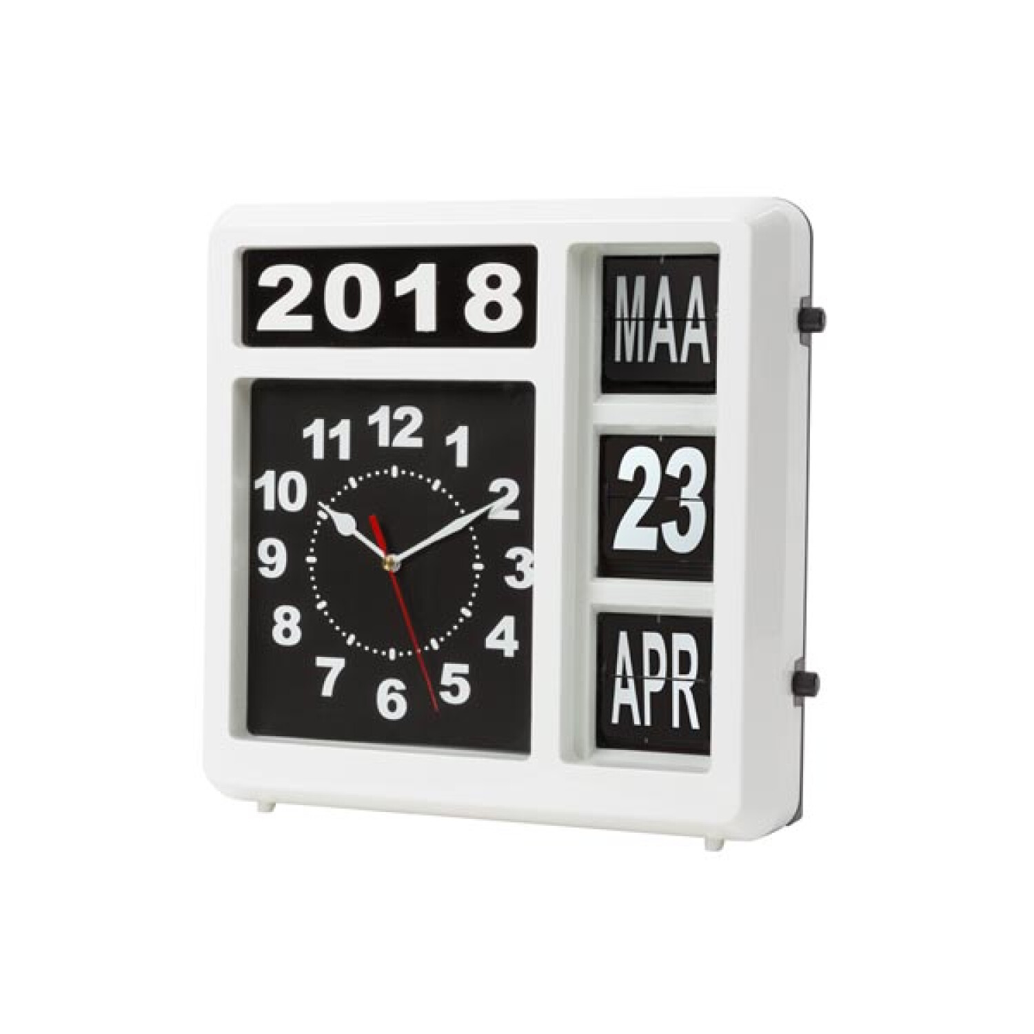 Biały zegar z kalendarzem na 23 kwietnia 2018. Czarna tarcza z wskazówkami. Biała ramka.