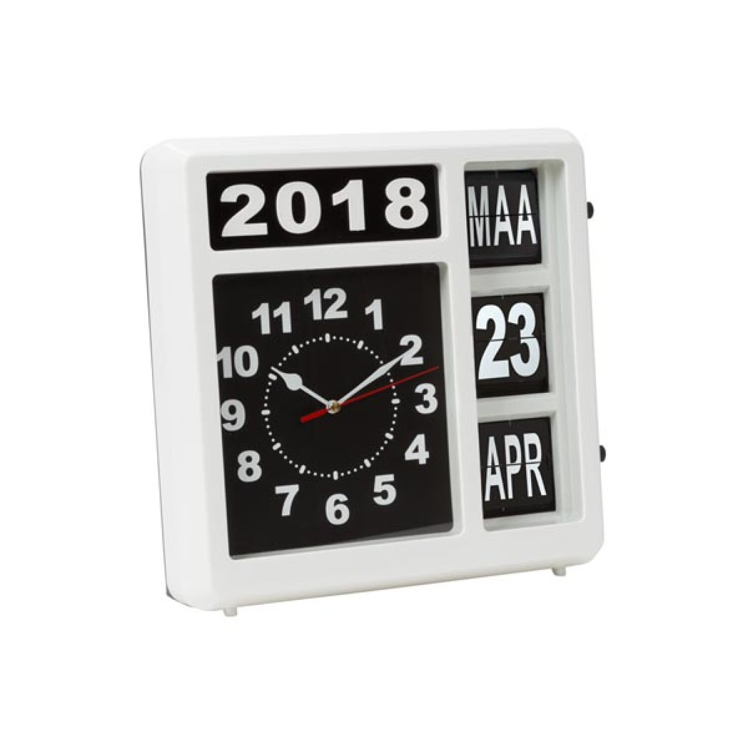 Biały zegar z kalendarzem na 23 kwietnia 2018. Czarna tarcza z wskazówkami. Biała ramka.