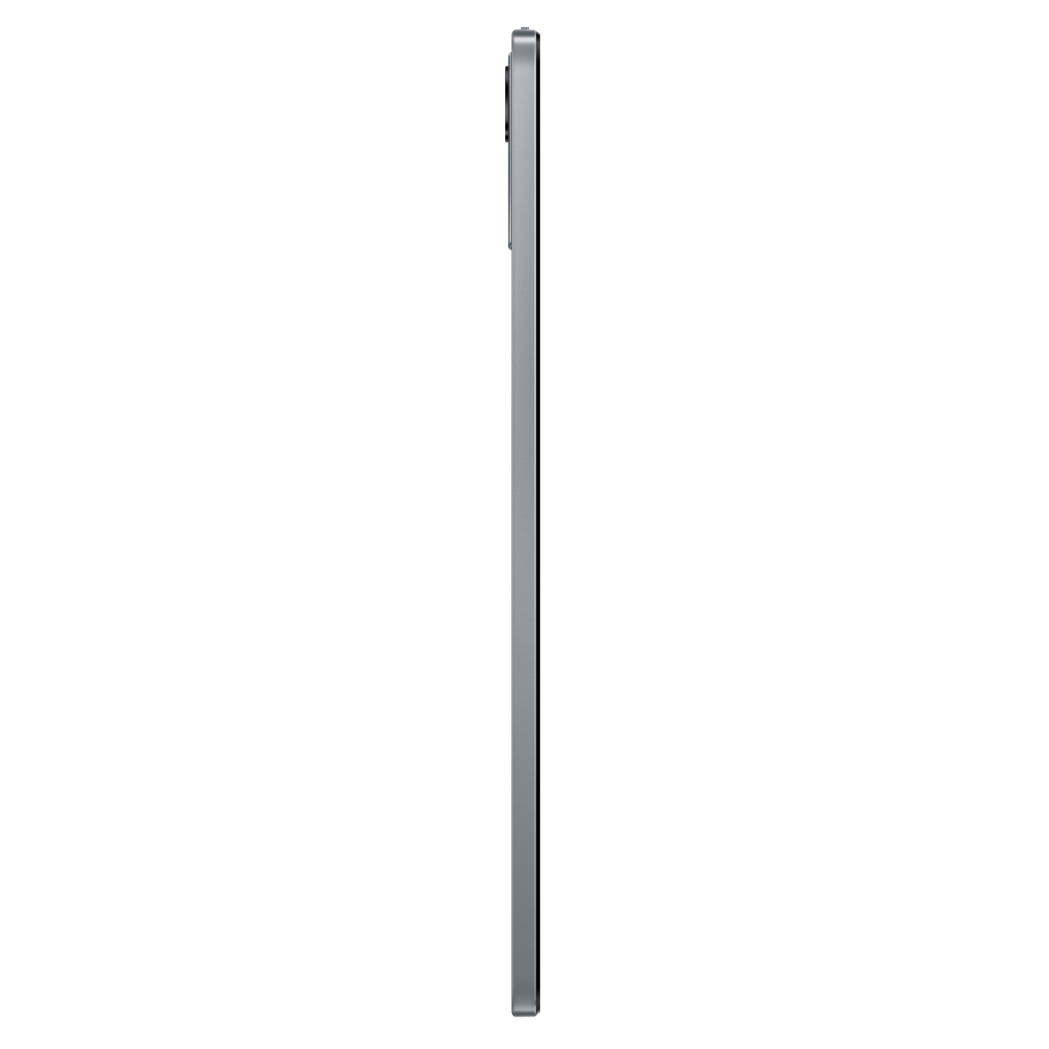 Seitenansicht eines silbernen Tablets vor schwarzem Hintergrund, schmal.