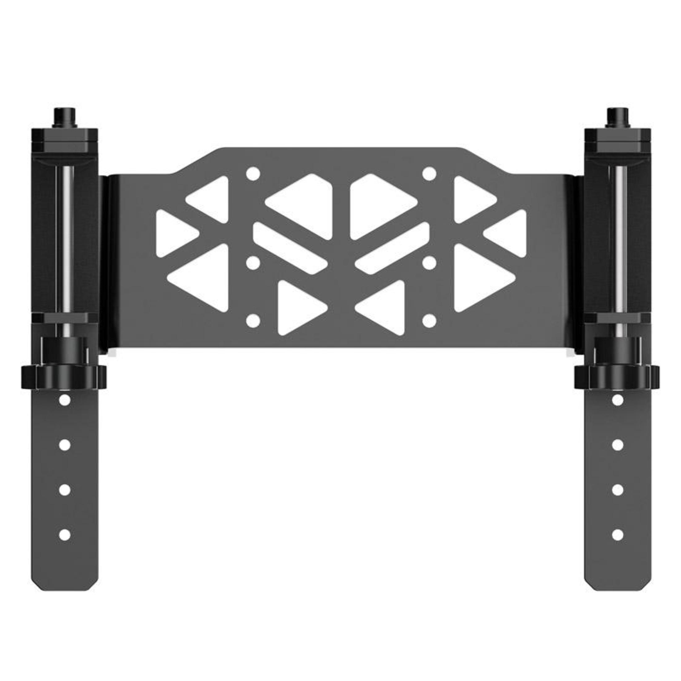 Une base de volant de course Moza noire avec des découpes géométriques et deux supports latéraux réglables.