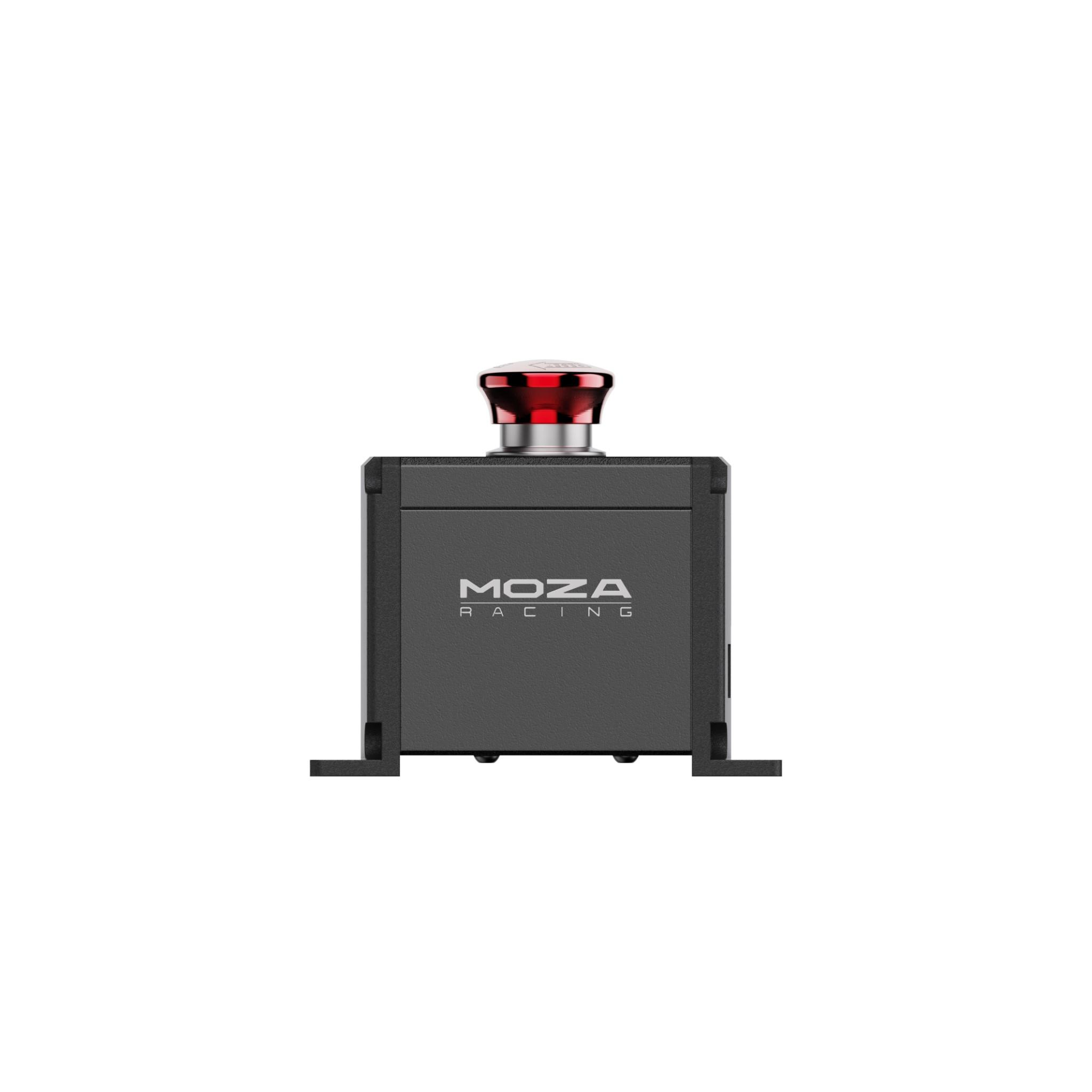 Base de volant de course noire avec bouton rouge 'MOZA RACING' sur fond blanc.