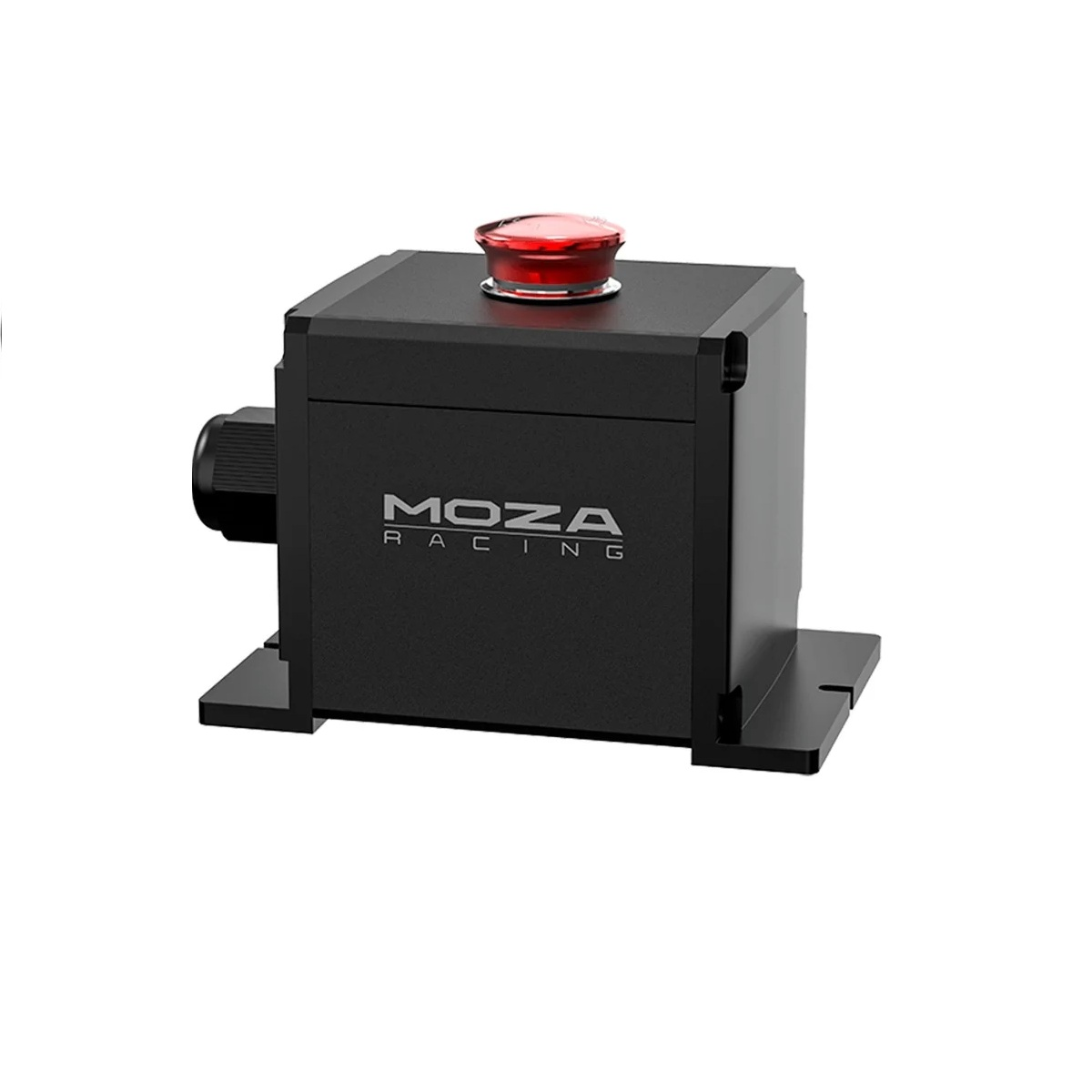 Boîte noire MOZA Racing avec un bouton rouge sur le dessus, le logo MOZA Racing est visible.