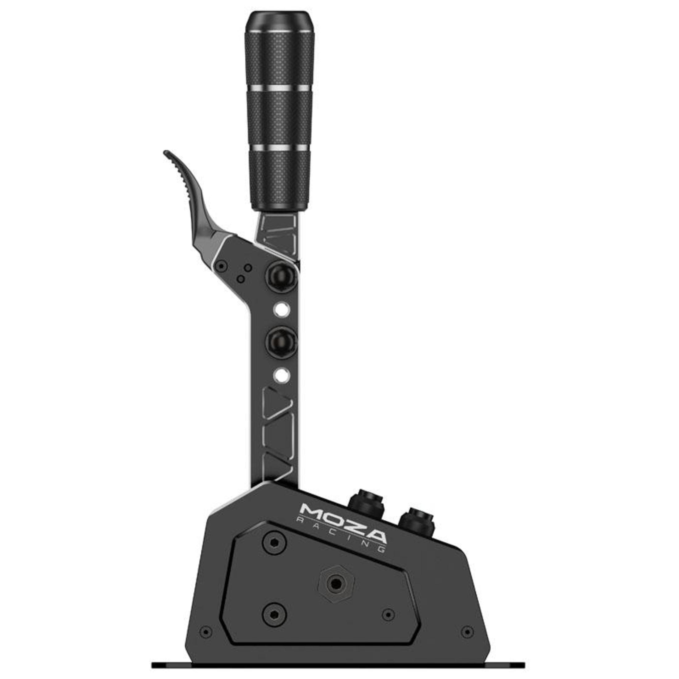 Ein schwarzer Moza Racing Shifter. Es hat einen Griff und drei Knöpfe. Schwarz und Silber.