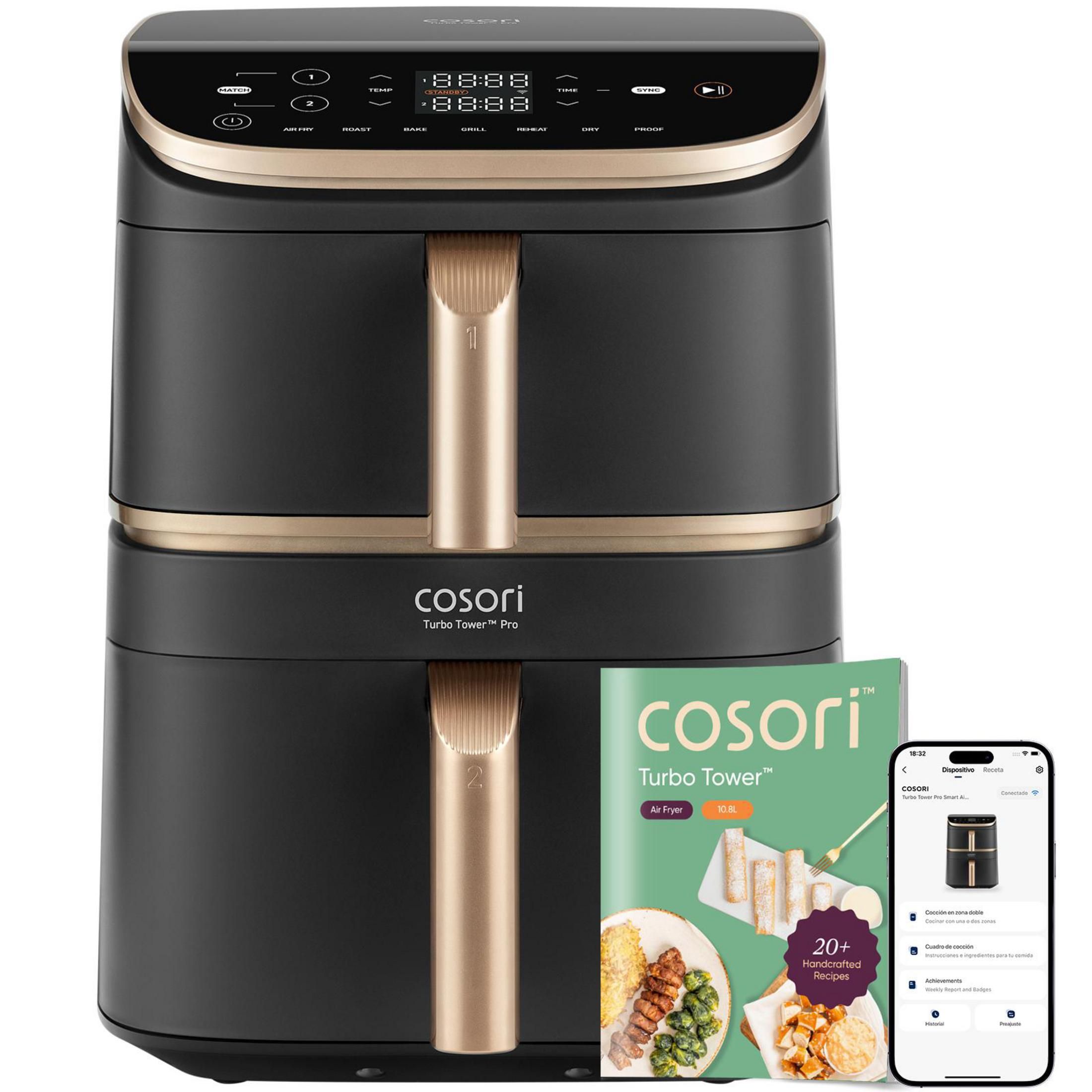 Friteuse à air avec livre de recettes et application sur téléphone. Noir et or.