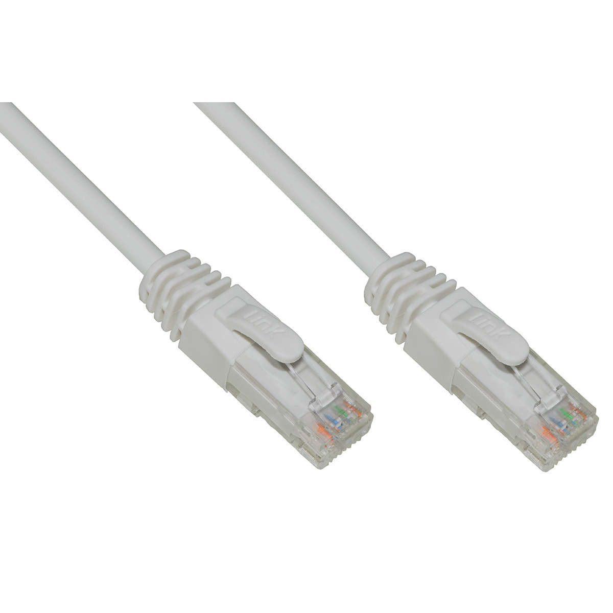 Due cavi di rete bianchi con connettori RJ45, sfondo bianco.
