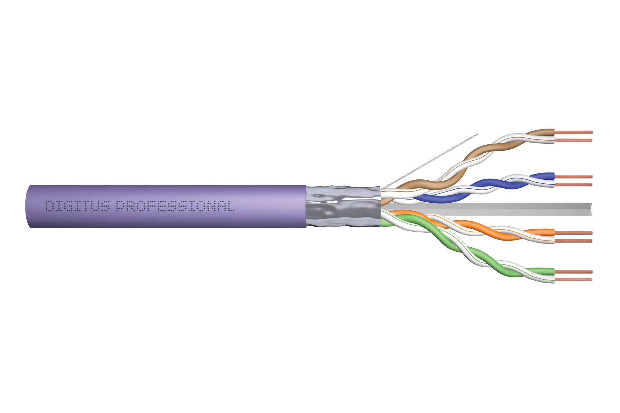 Cavo di rete viola con fili scoperti. Il cavo riporta la scritta 'DIGITUS PROFESSIONAL'.