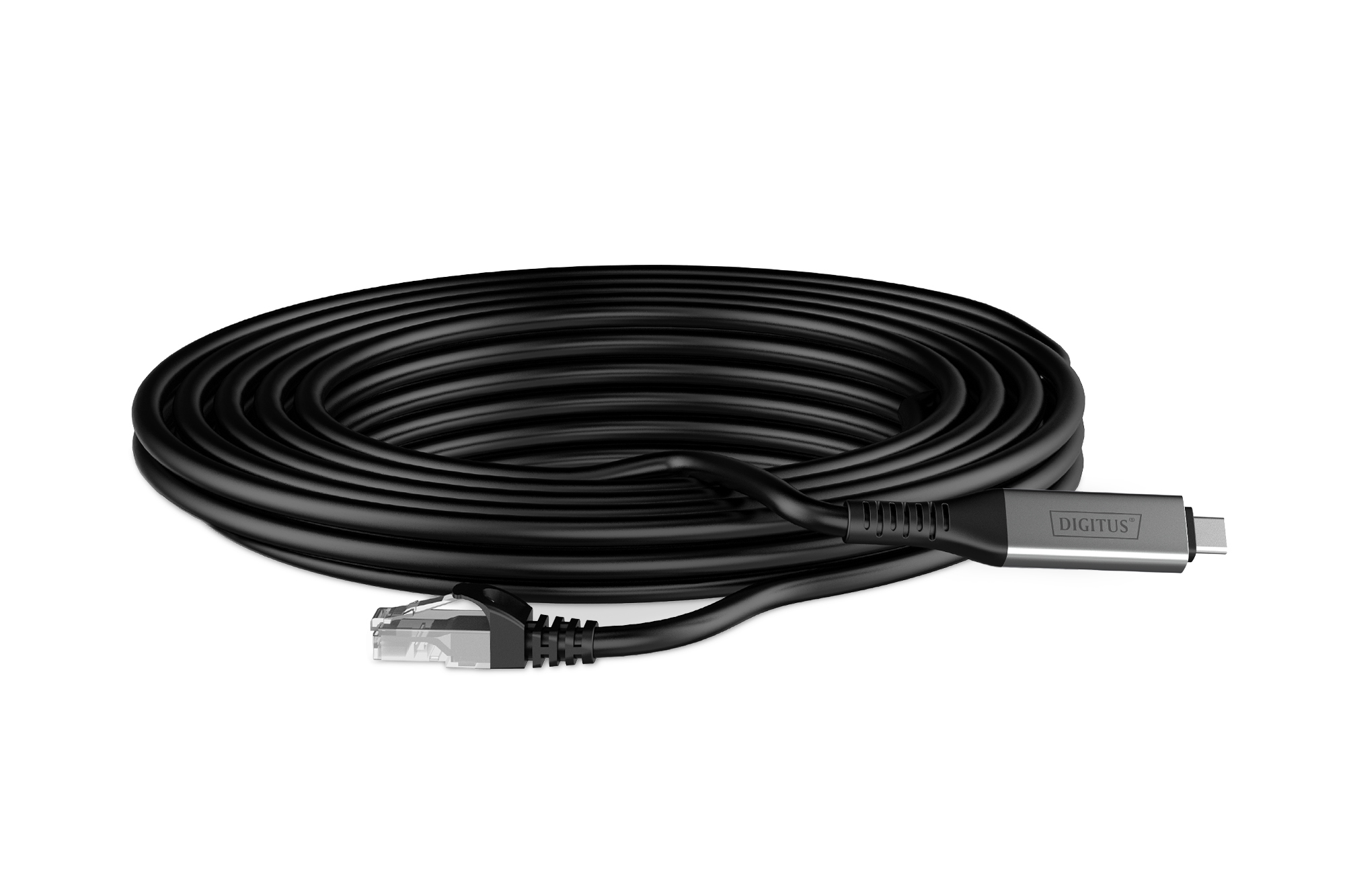 Czarny kabel sieciowy zwinięty, ze złączami RJ45 i USB-C, białe tło.
