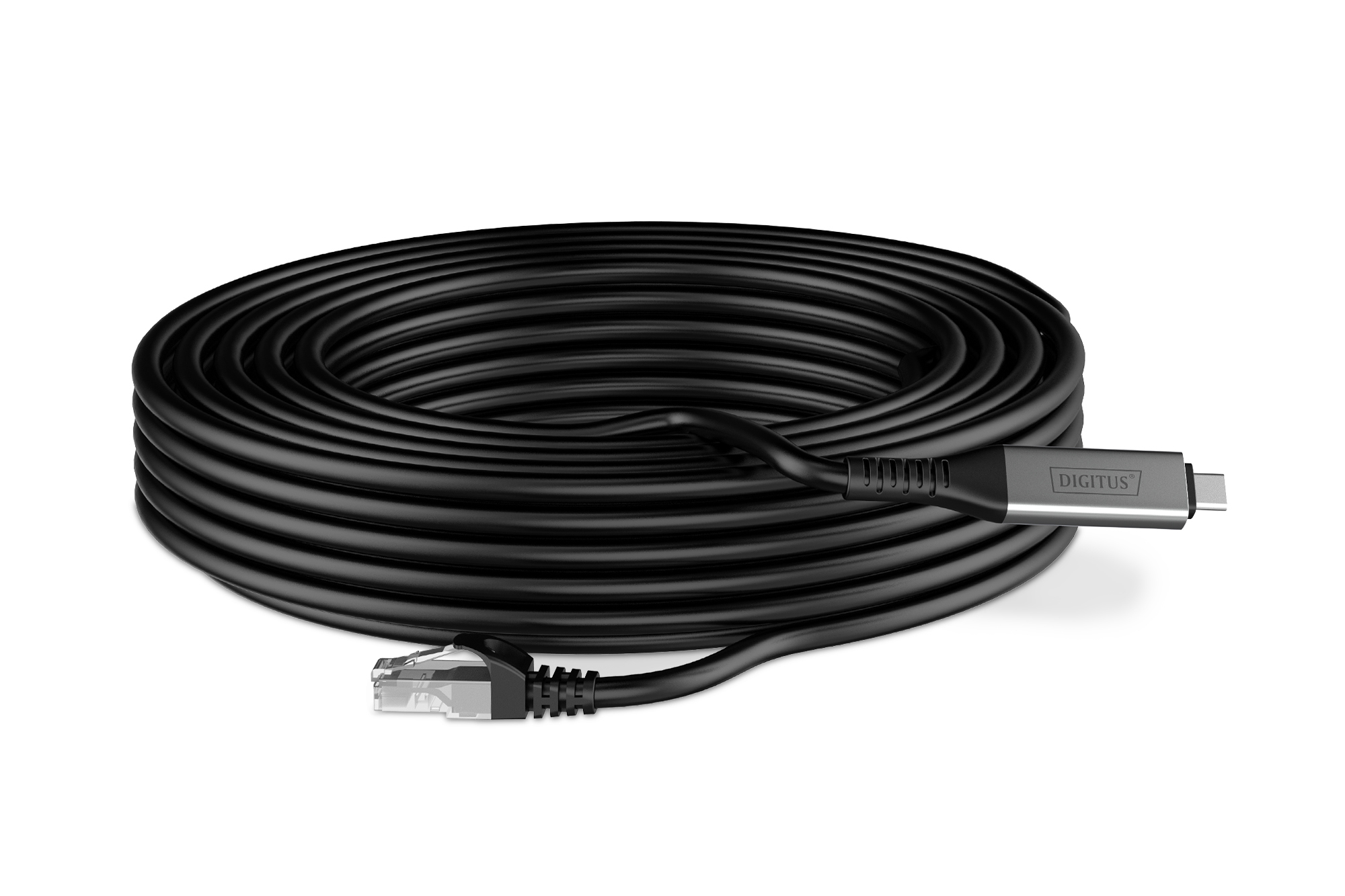 Czarny kabel sieciowy zwinięty w rulon. Na końcach kabla znajdują się USB-C i złącze Ethernet.