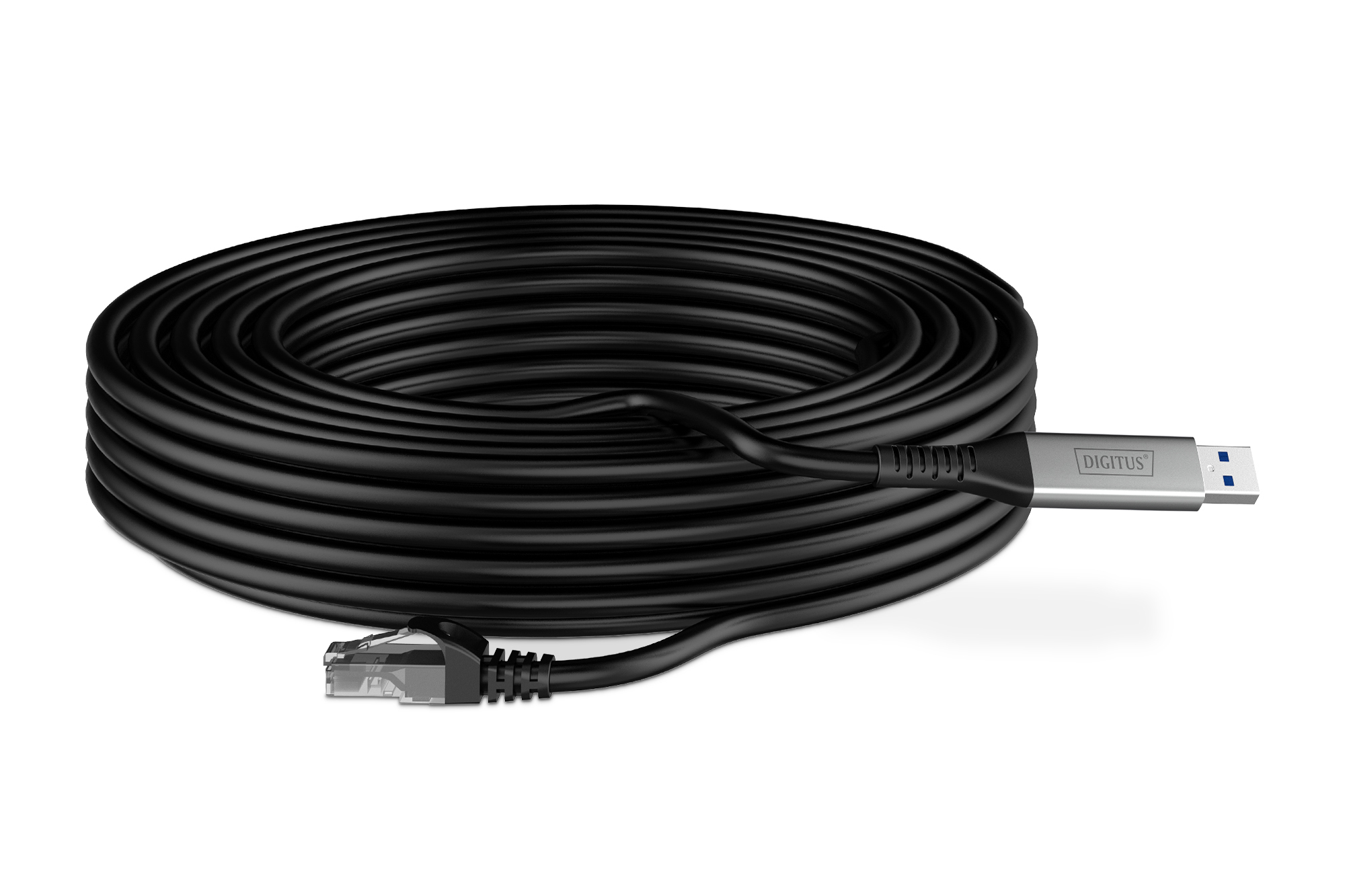 Czarny kabel sieciowy zwinięty w rulon. Na końcach kabla znajdują się USB i złącze Ethernet.