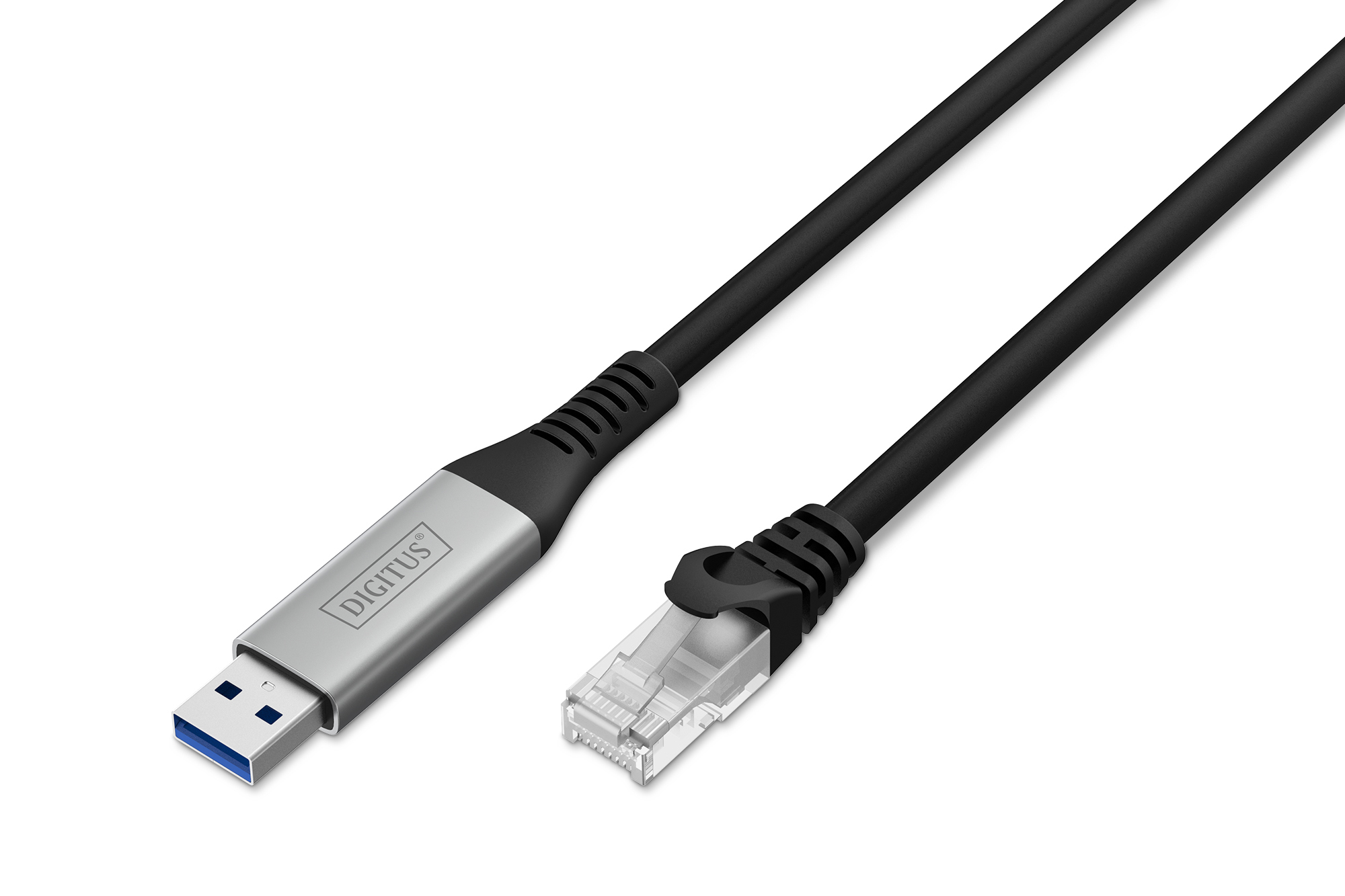 Een zwarte kabel heeft een USB-connector aan het ene uiteinde en een Ethernet-connector aan het andere.