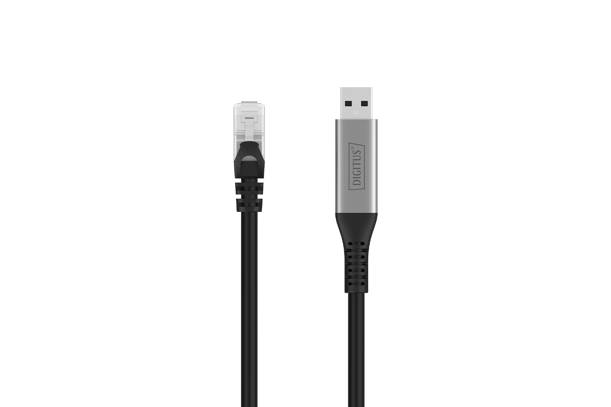 Een zwarte netwerkkabel met een ethernet- en een USB-connector. De merknaam 'DIGITUS' is zichtbaar.