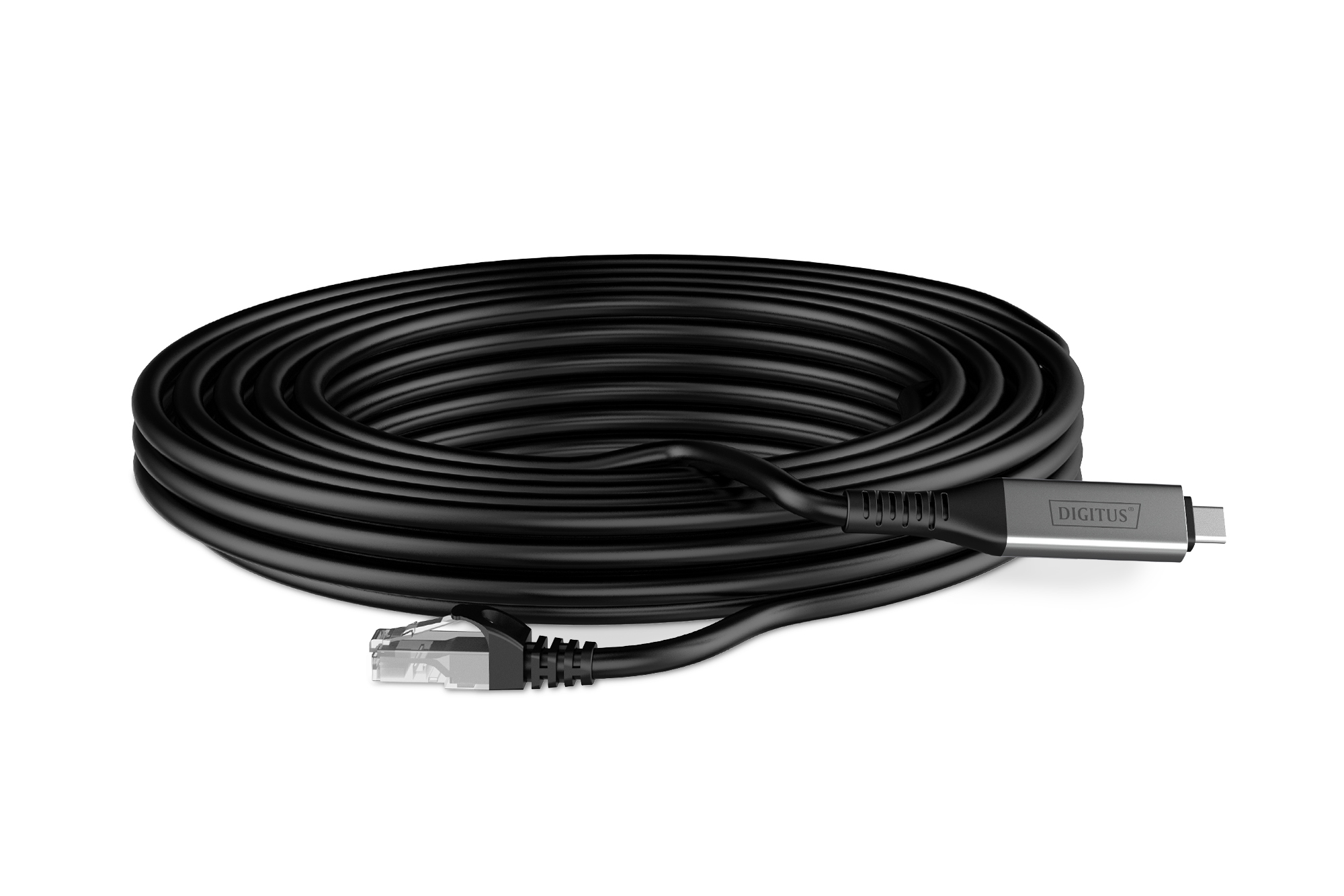 Cavo nero arrotolato, con connettore USB-C da un lato ed Ethernet dall'altro.