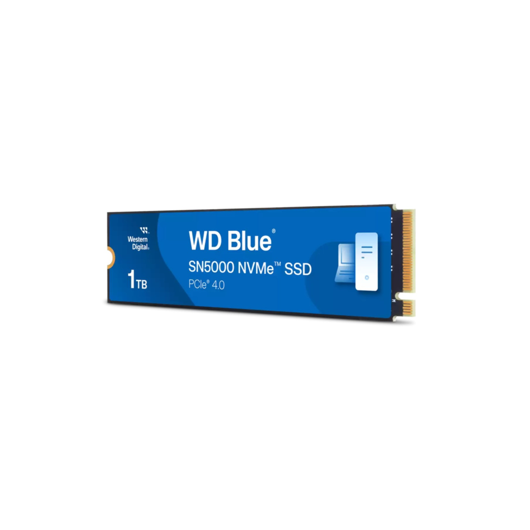 Dysk SSD NVMe WD Blue 1TB. Dysk jest niebieski z białym i czarnym tekstem i logo.