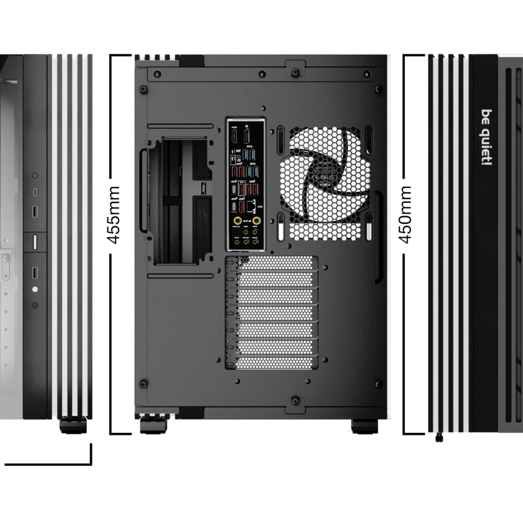 Czarna obudowa komputera, pokazująca tył z wymiarami. 455 mm wysokości, 450 mm szerokości.