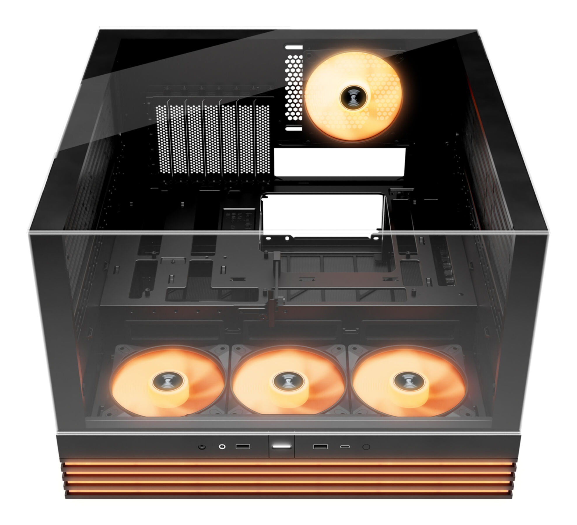 Obudowa komputera z trzema pomarańczowymi wentylatorami wewnątrz. Obudowa ma szklany panel i jest czarna.