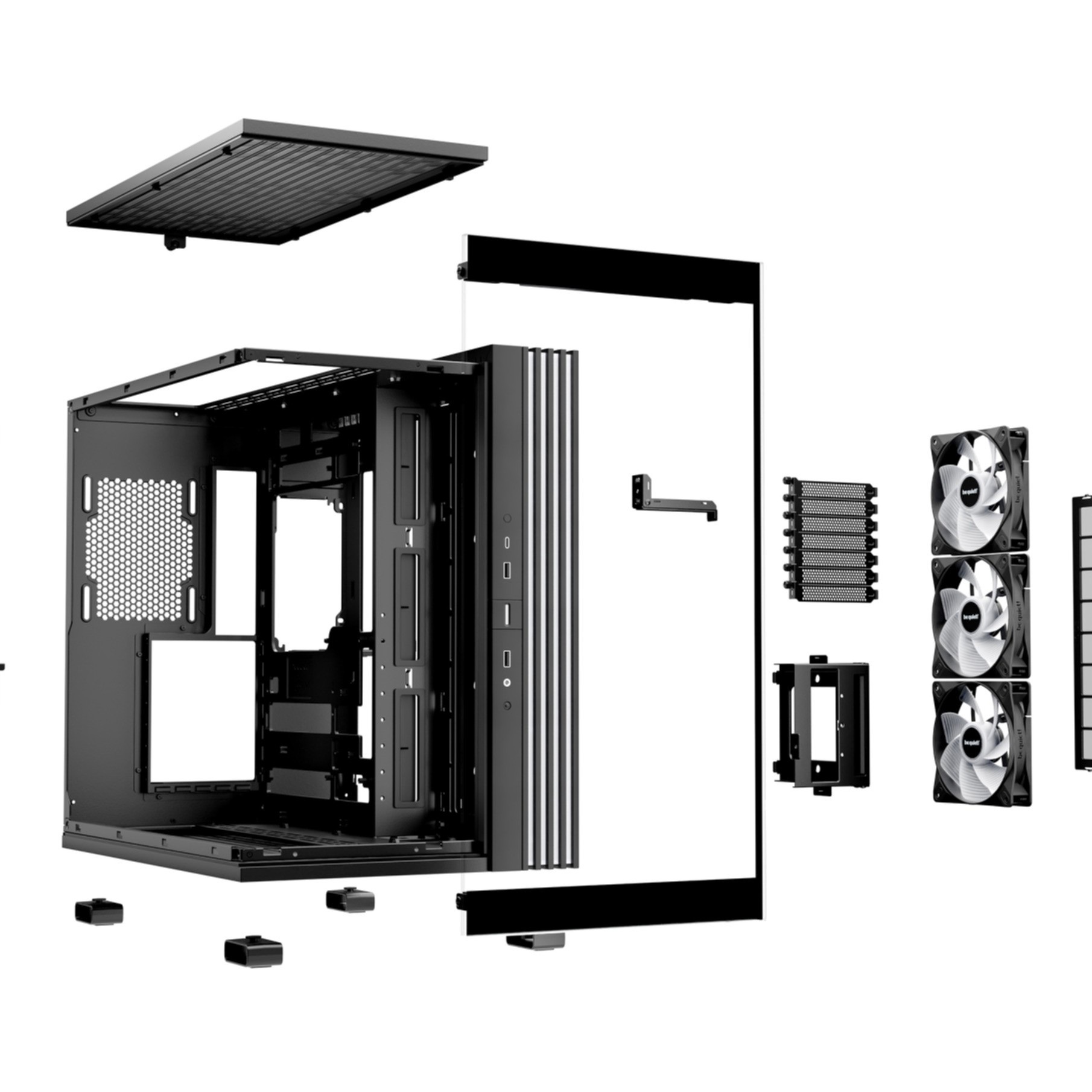Widok rozłożony czarnej obudowy komputera z komponentami. Zawiera wentylatory, panele i inne części.