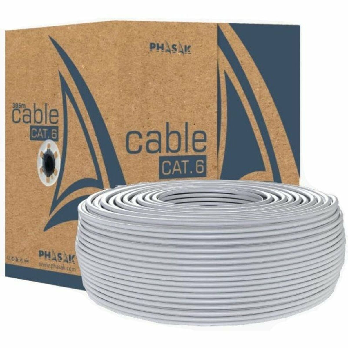 Rotolo di cavo bianco e scatola marrone con dettagli del cavo. La scatola ha elementi di design blu.