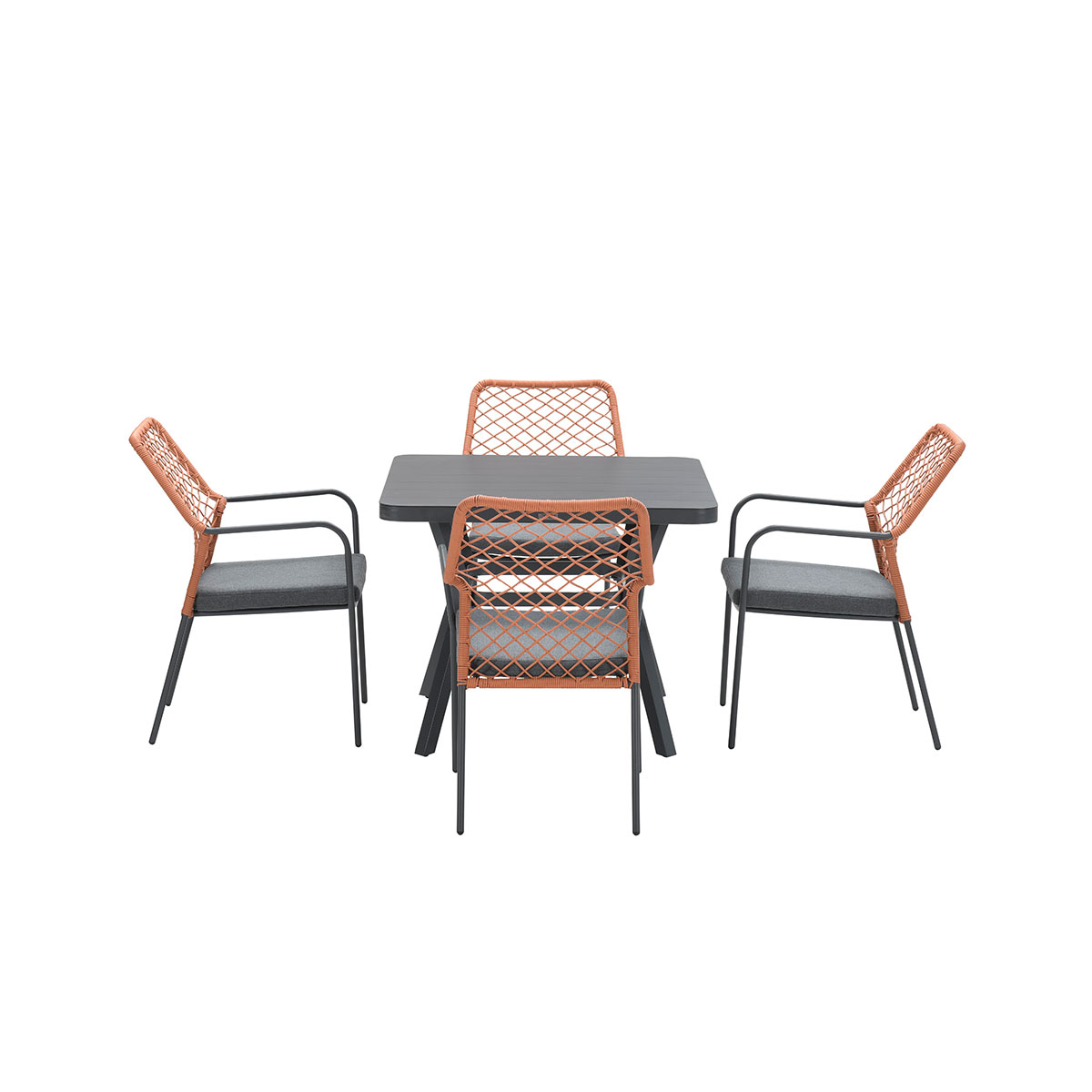 Eetset voor buiten. Tafel en stoelen met een grijs en oranje kleurenschema, op een witte achtergrond.