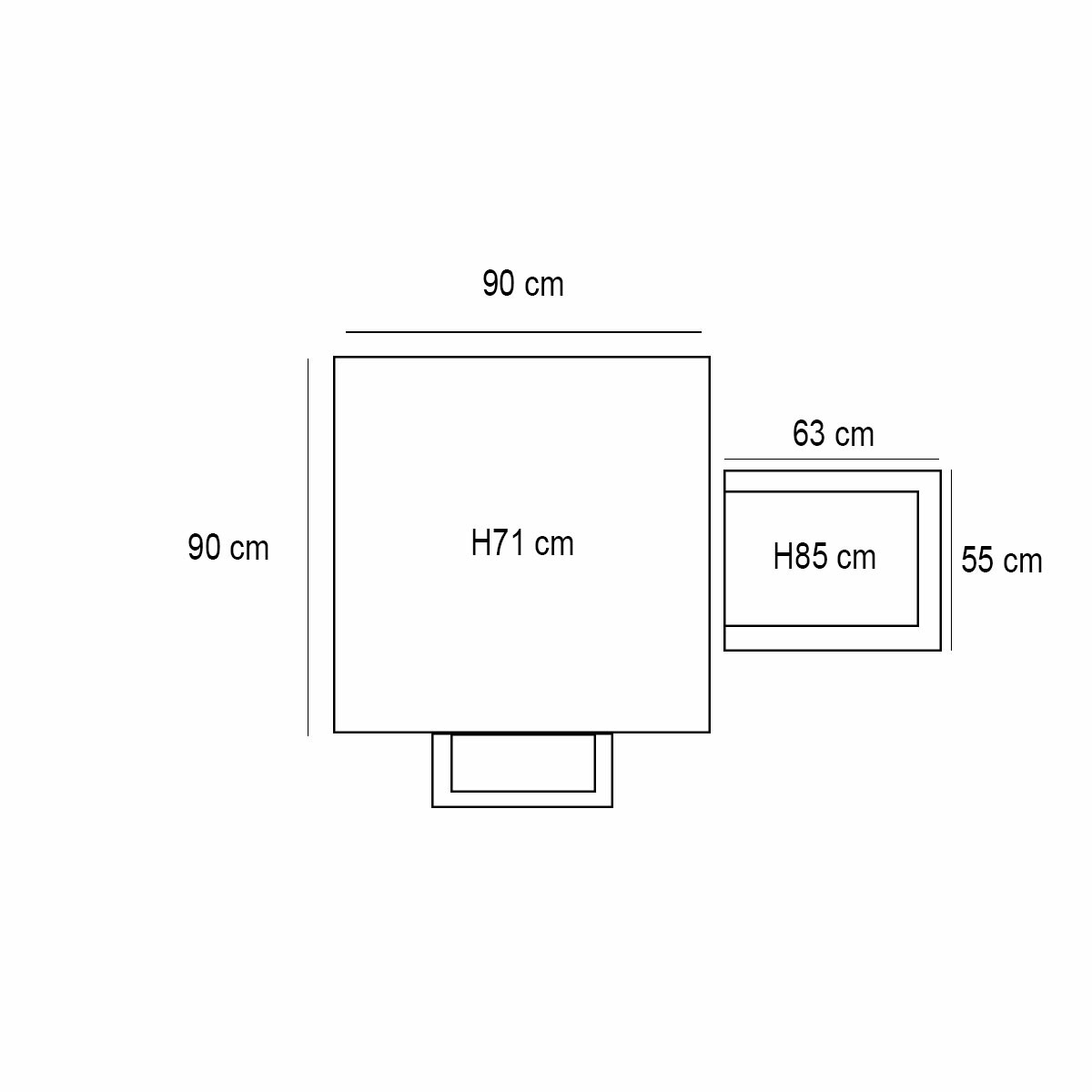 Diagram met afmetingen van een vierkante tafel en een rechthoekige bijzettafel.