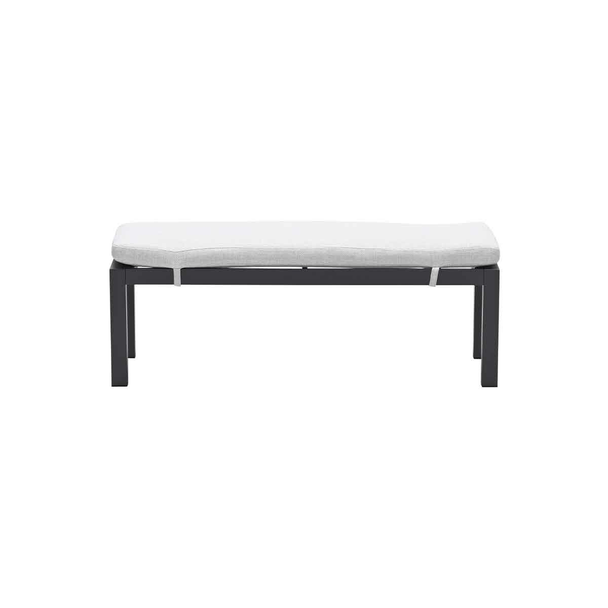 A black bench with a light gray cushion. The bench is on a white background.