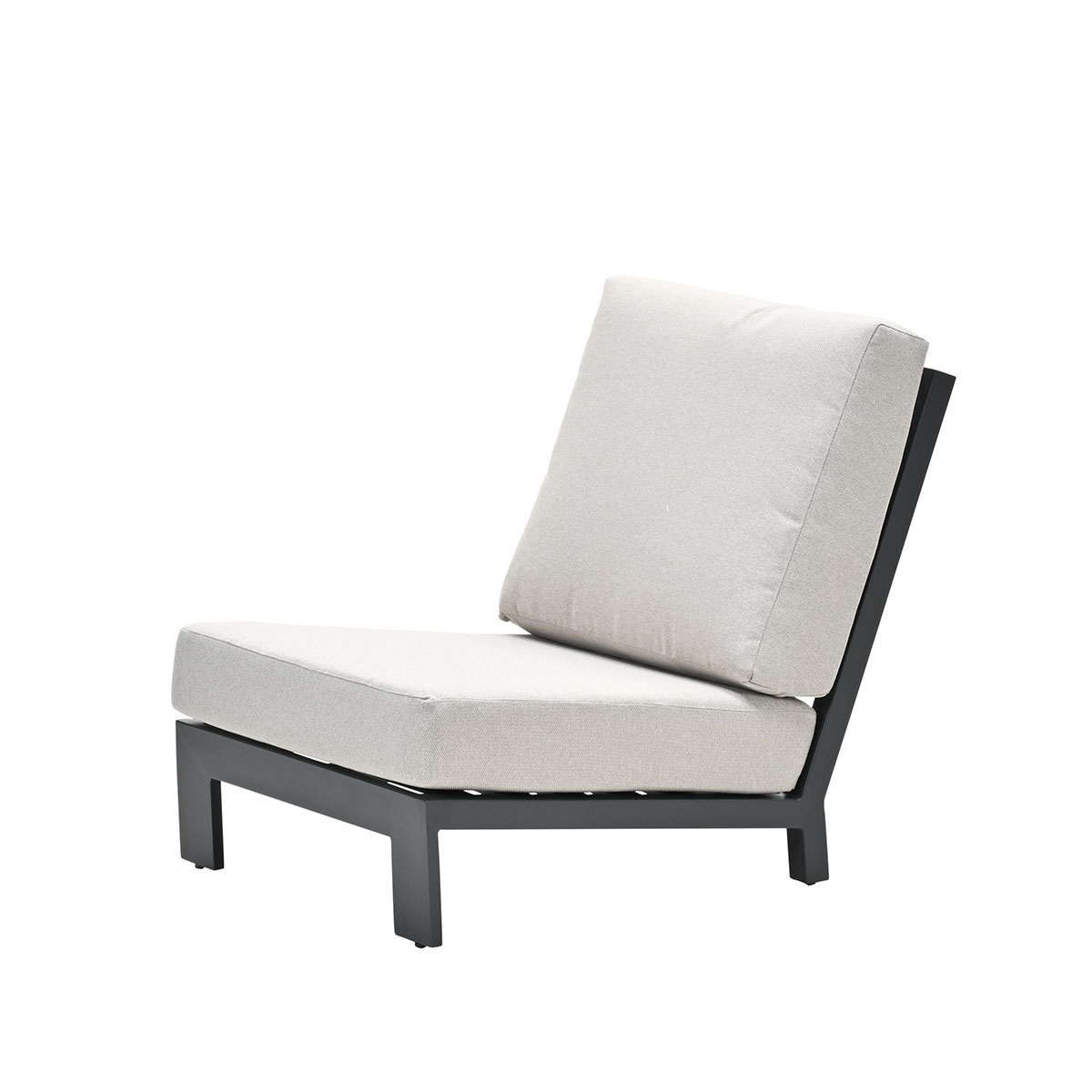 A gray chair with a light gray cushion and a black metal frame. White background.