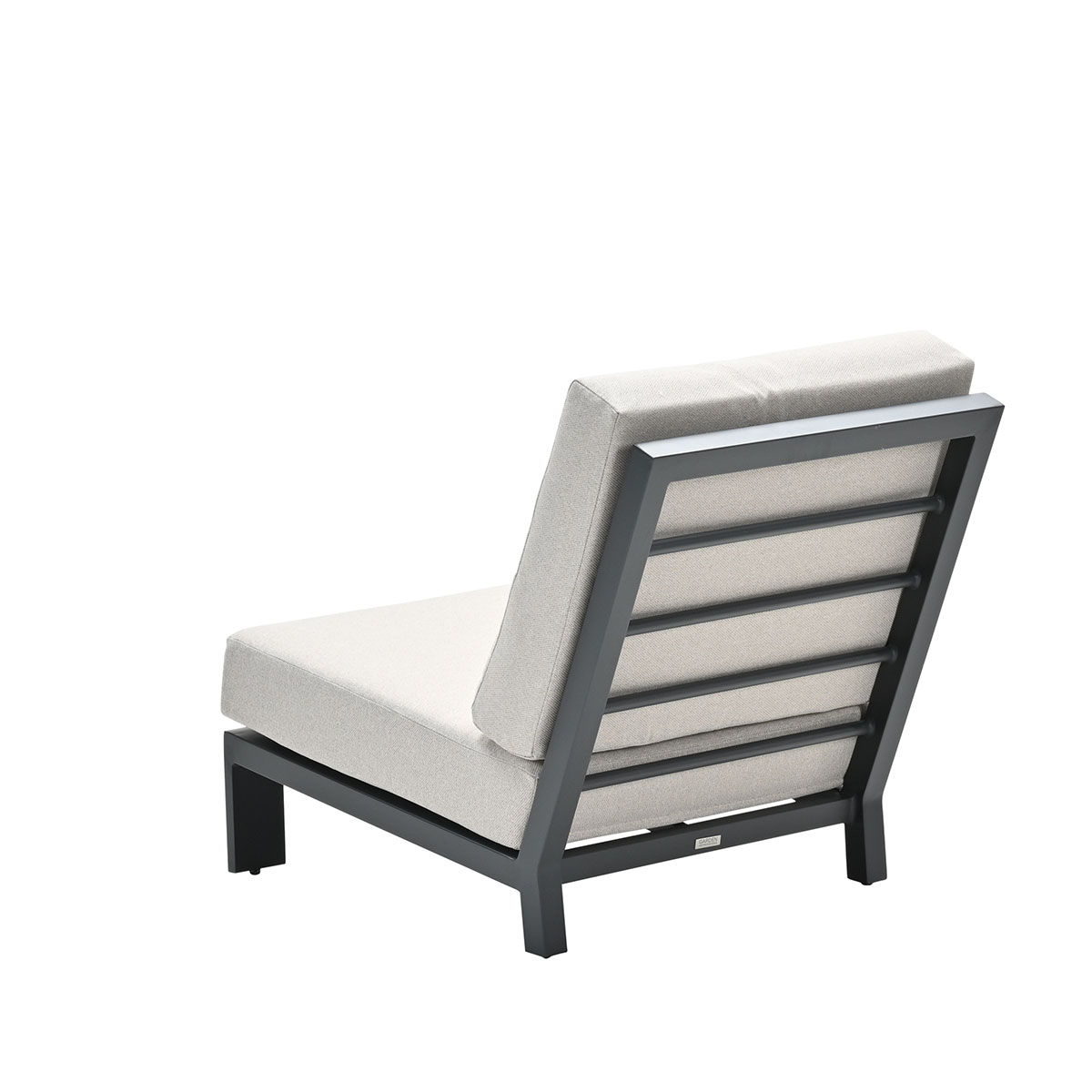 A gray chair with a light gray cushion and a black metal frame, back view. White back.