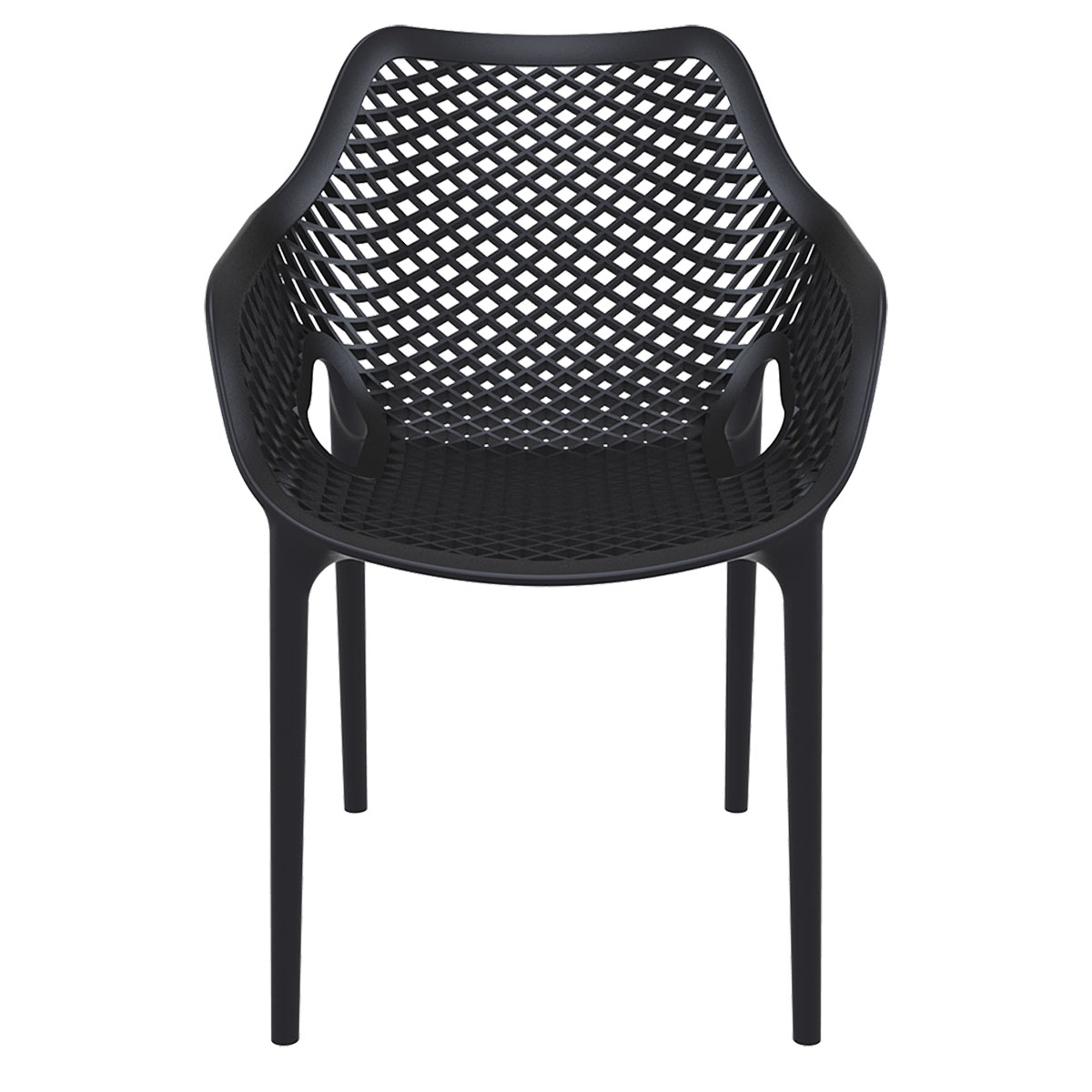 Zwarte plastic stoel. Ruitpatroon rug en zitting. Vier poten. Eenvoudig ontwerp.