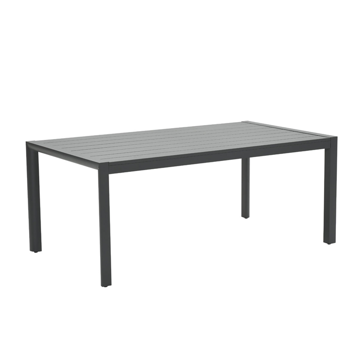 Gray rectangular table with four legs, isolated on white background.