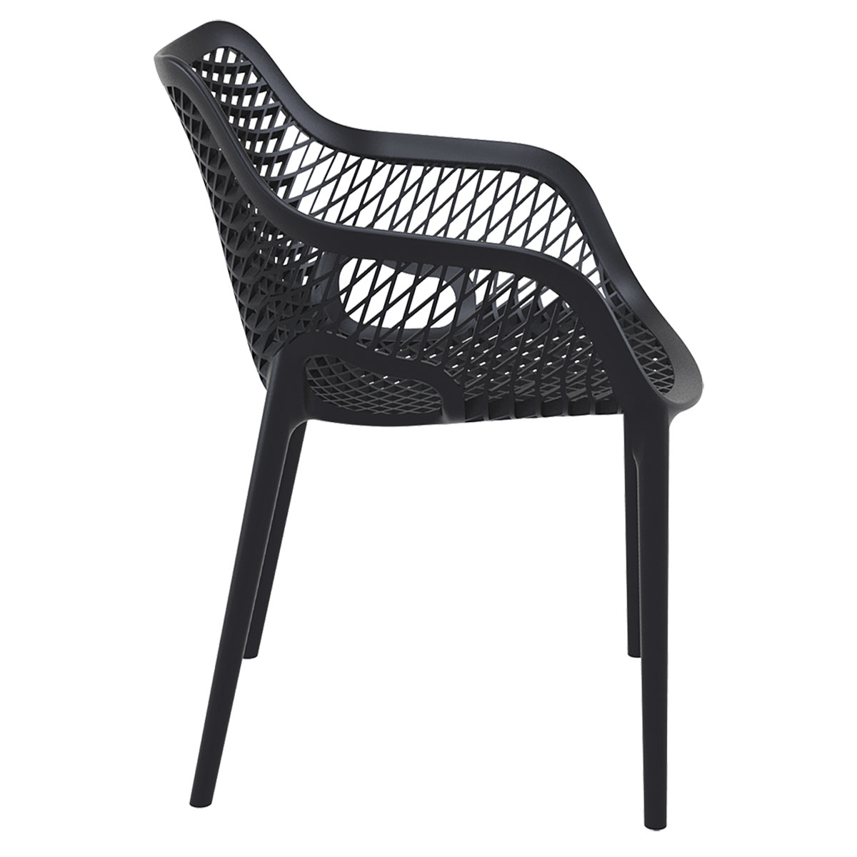 Black plastic chair. Diamond pattern back. Side view. Four legs. Simple design.