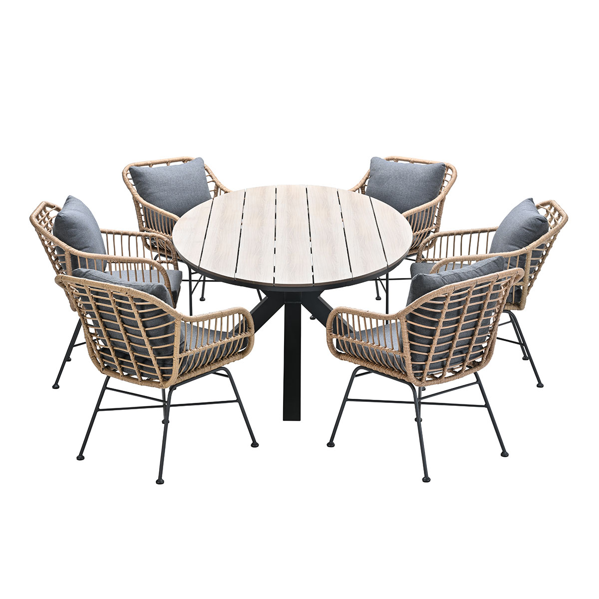 Buiteneetset met een ronde tafel en zes rotan stoelen. De stoelen hebben grijze kussens.