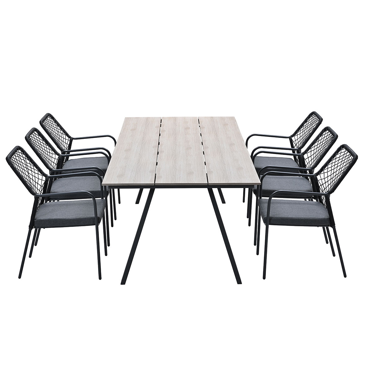 An outdoor dining set with a rectangular table and six chairs. The chairs have black frames.