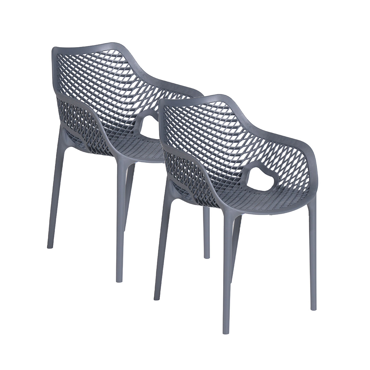 Twee grijze plastic stoelen met een open ontwerp, op een witte achtergrond.