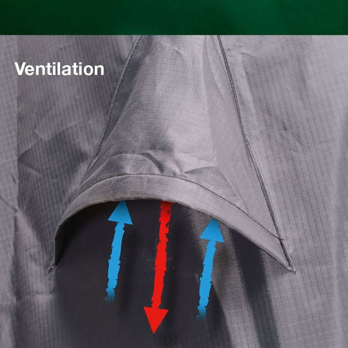 Close-up shows a gray fabric cover with an air vent and arrows indicating airflow.
