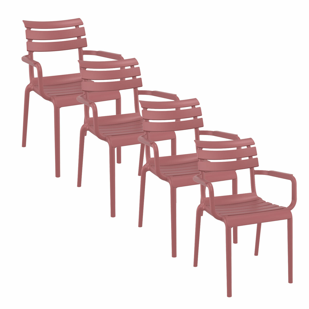 Vier roze stoelen met armleuningen, op een rij geplaatst.