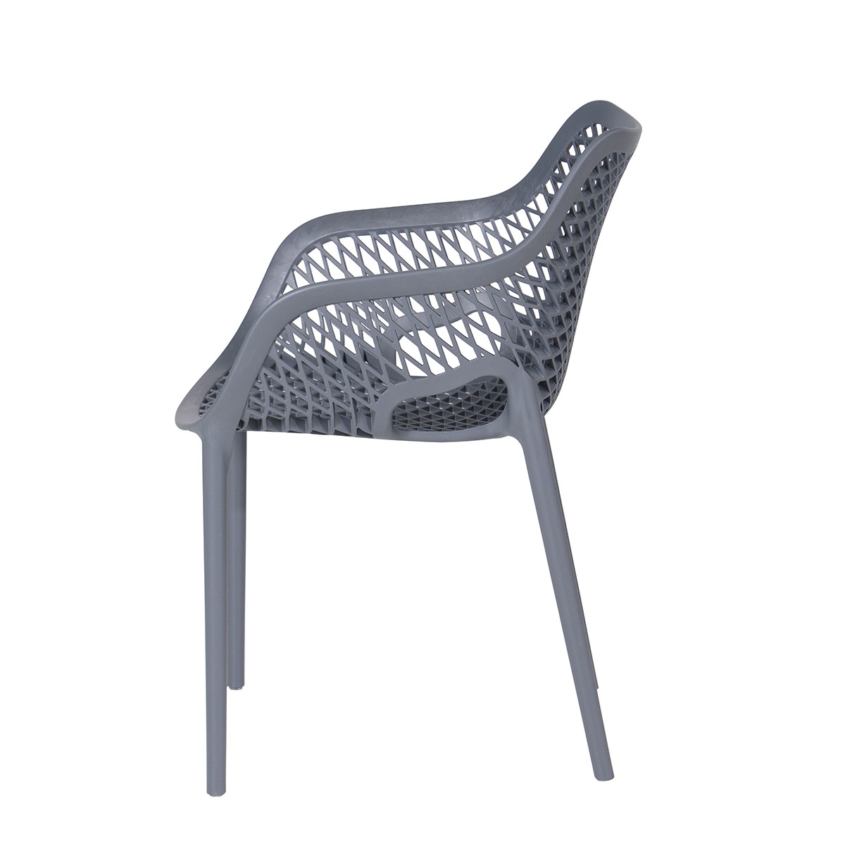 Zijaanzicht van een grijze plastic stoel met een unieke geweven rugleuning.