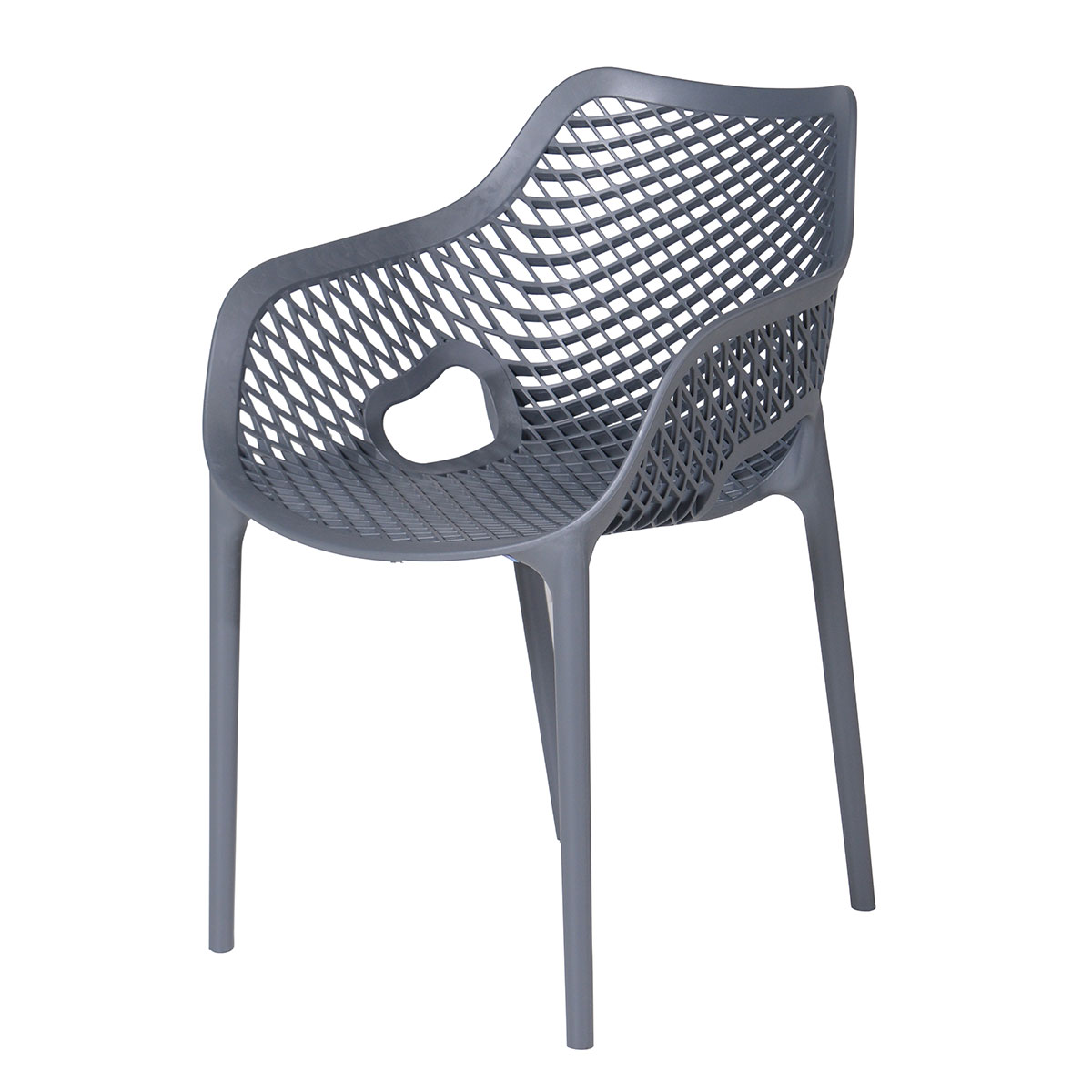 Grijze plastic stoel met ruitpatroon.