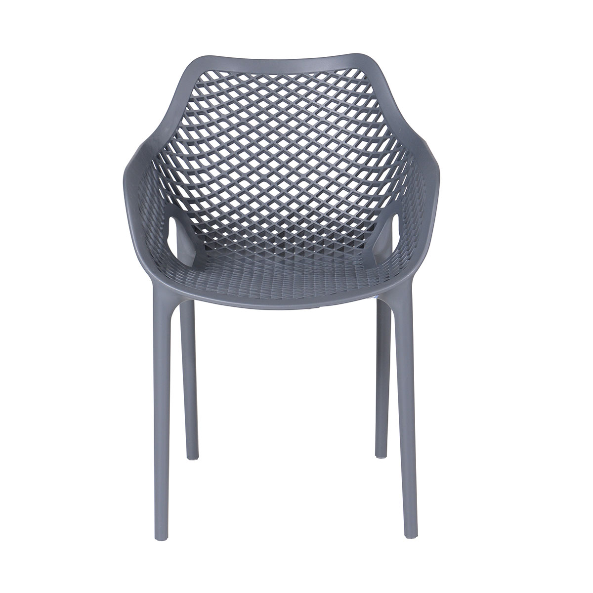 Grijze plastic stoel met opengewerkt design, vooraanzicht.