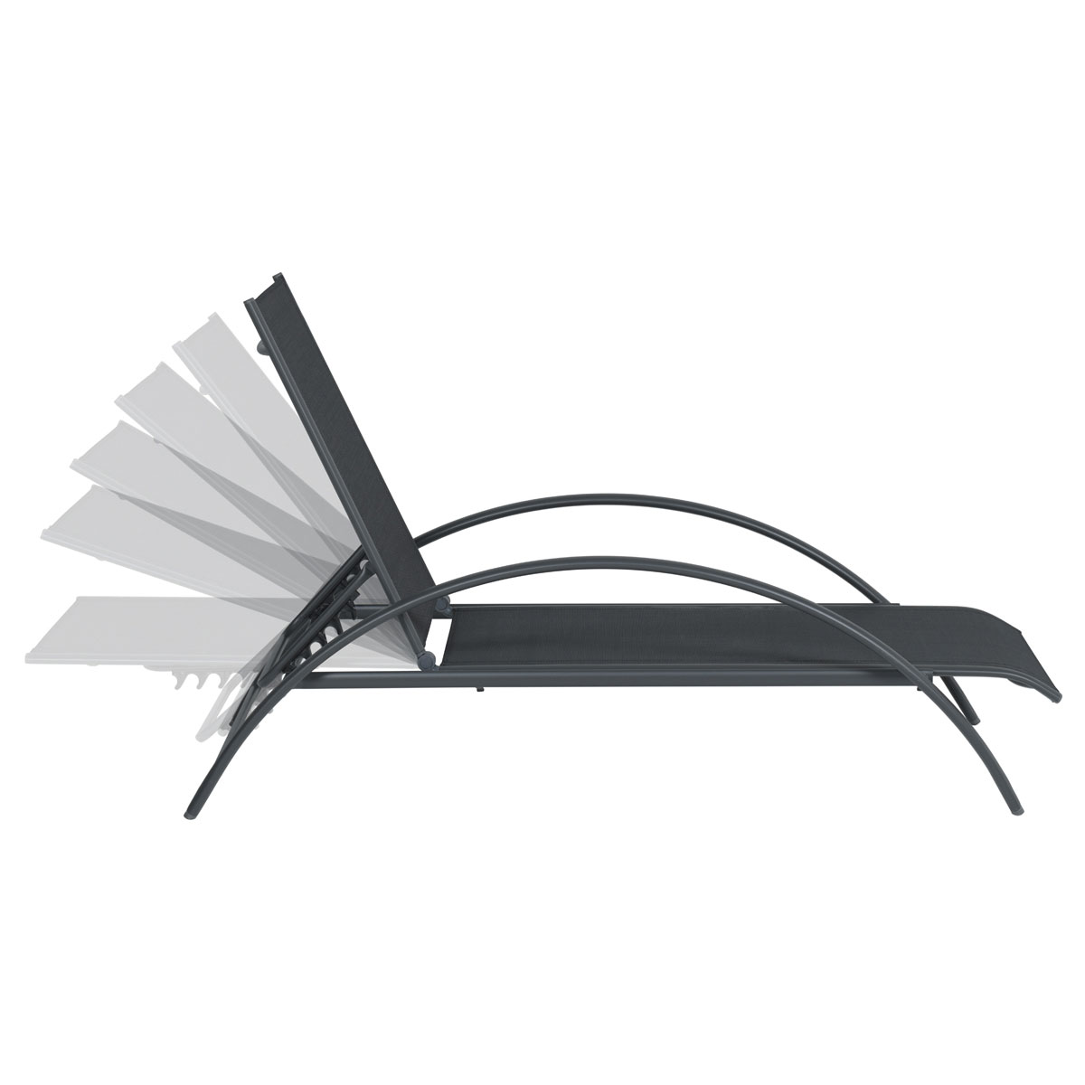 Adjustable outdoor lounge chair, dark frame, mesh seat. Various positions shown.