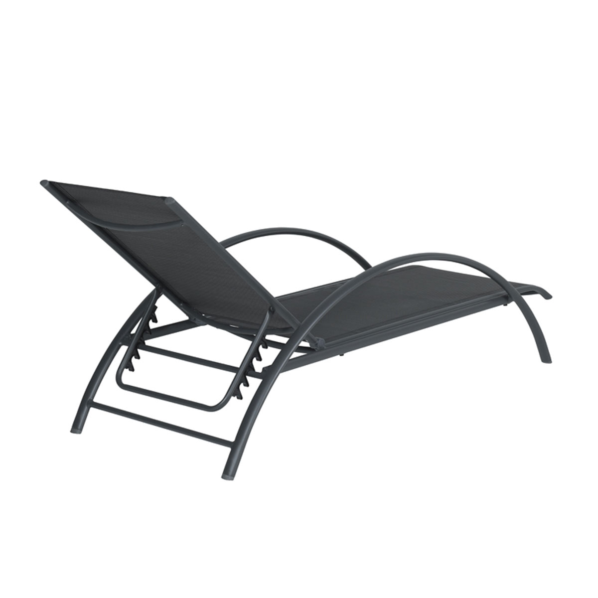 A gray recliner with a mesh seat, angled upwards.