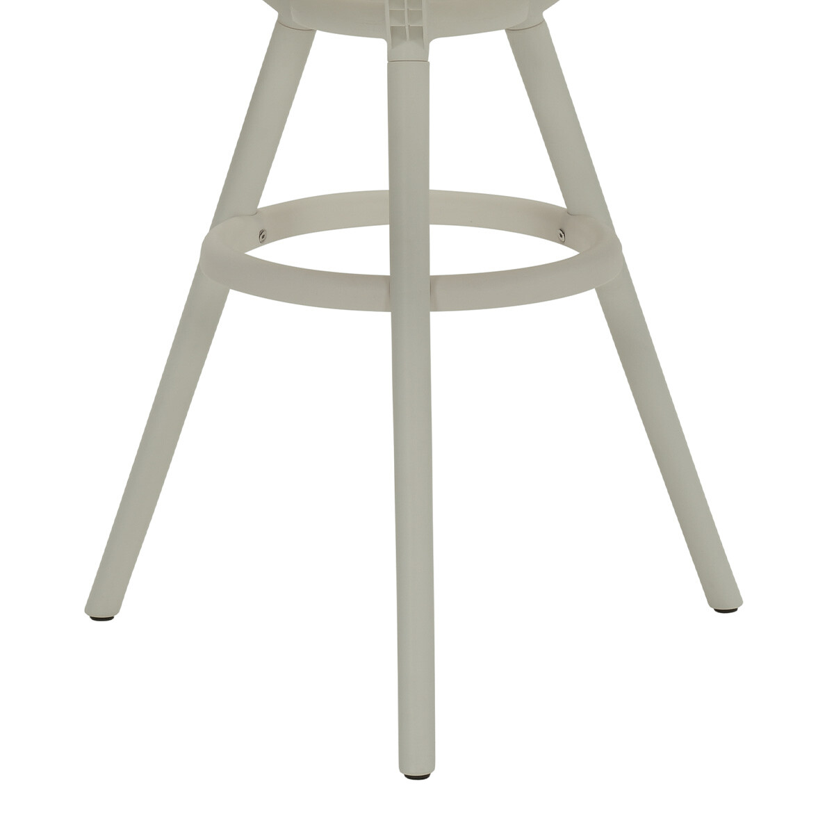 Close-up of small white table legs, tripod design, on a white backdrop.