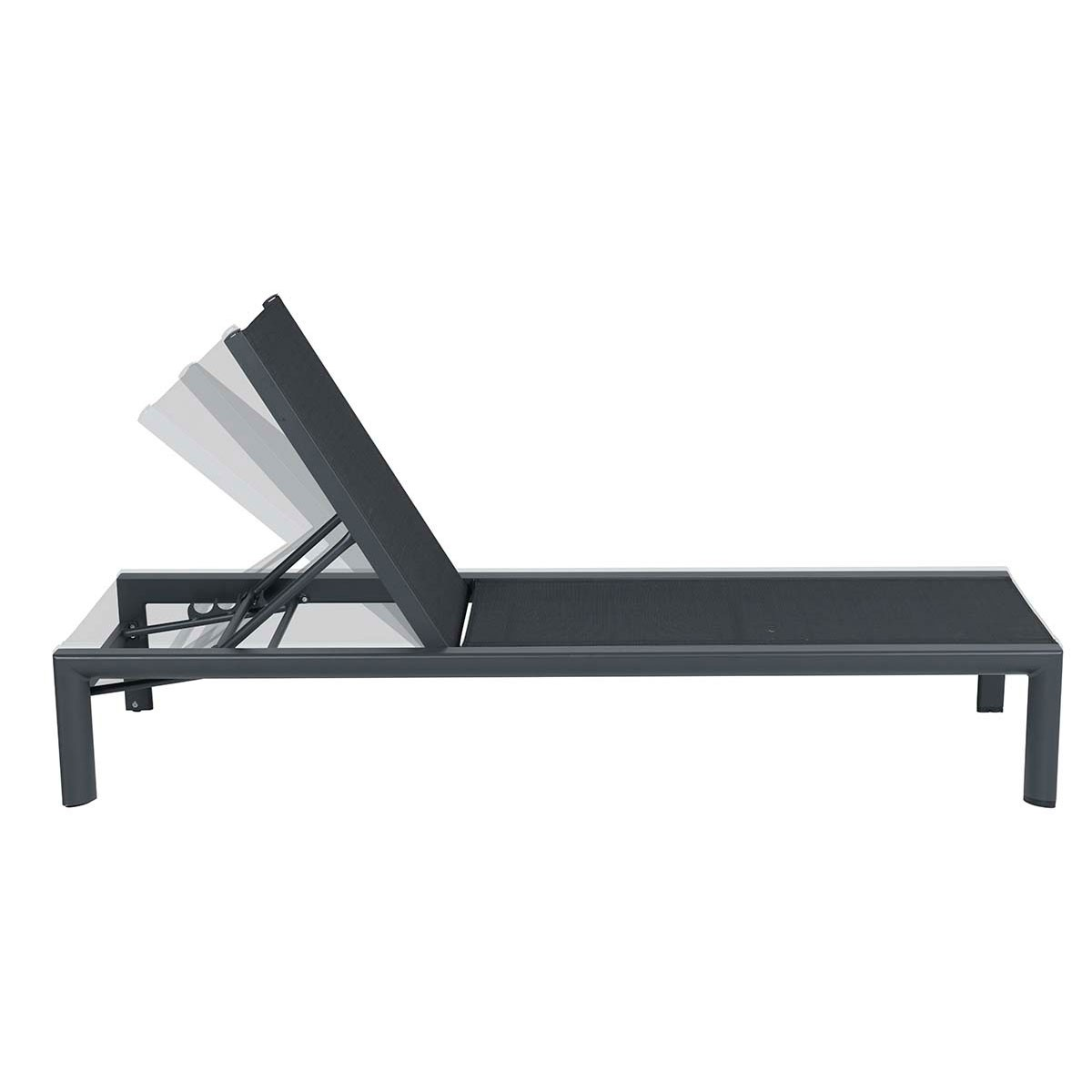 A side view of a dark grey chaise lounge with a raised back.