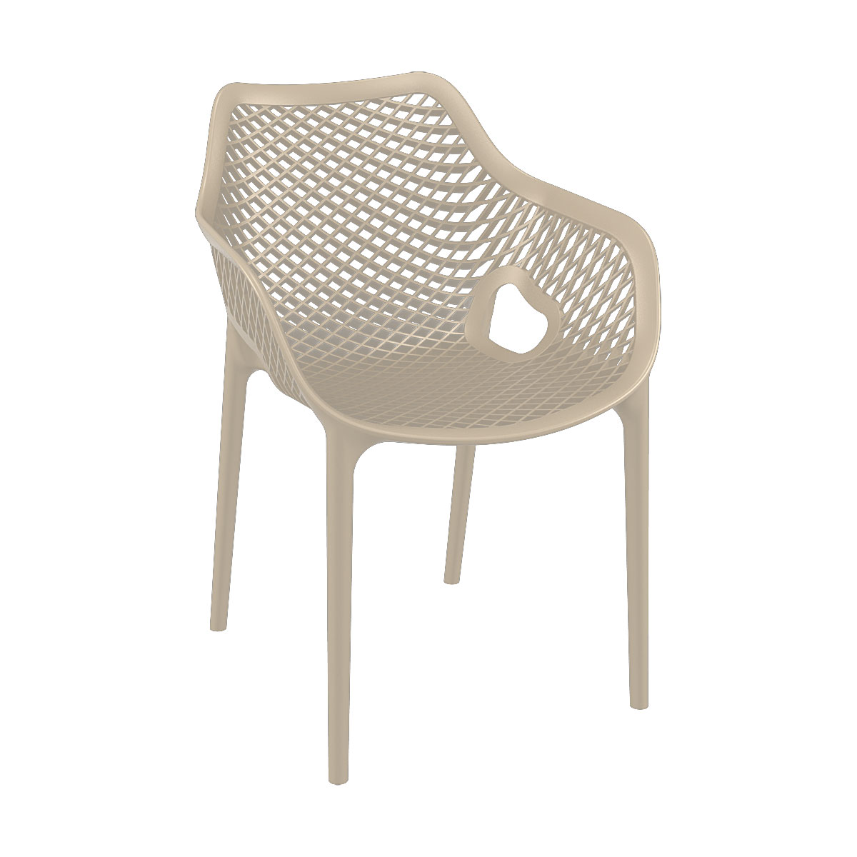 Une chaise en plastique beige avec un motif en losanges sur l'assise et le dossier.