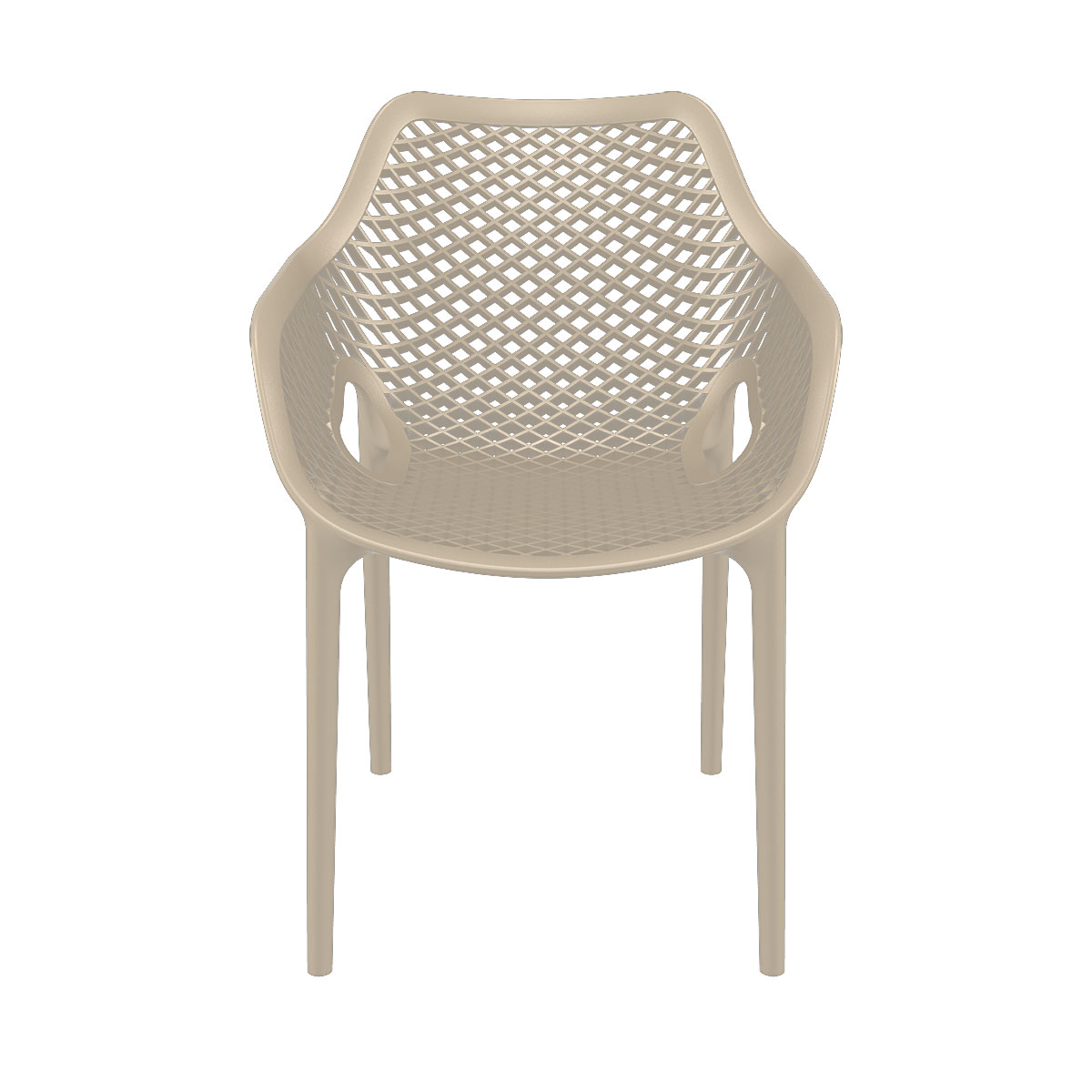 Beige plastic chair with a diamond pattern design.