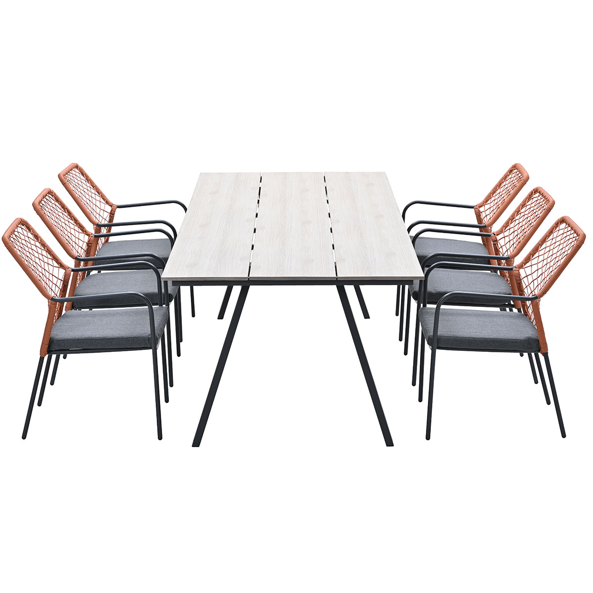 Rectangular table with eight chairs. Table has light wood top and black legs. Chairs are gray with orange.