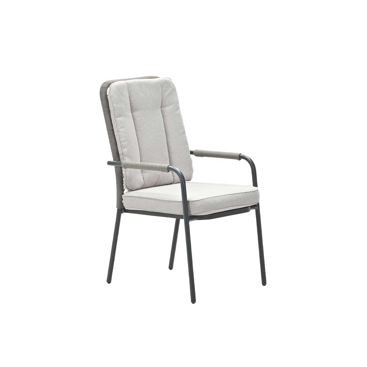 Gray chair with a gray cushion and a rope-like design on the back. Isolated on a white background.