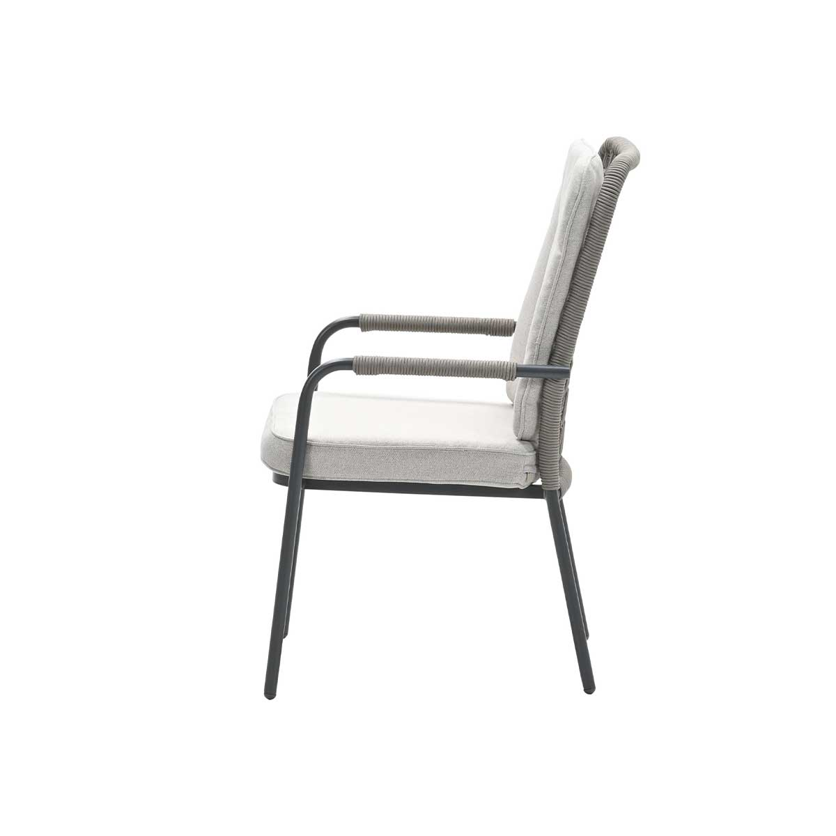 Side view of a gray chair with gray cushion and rope-like design on the back. Isolated on white.