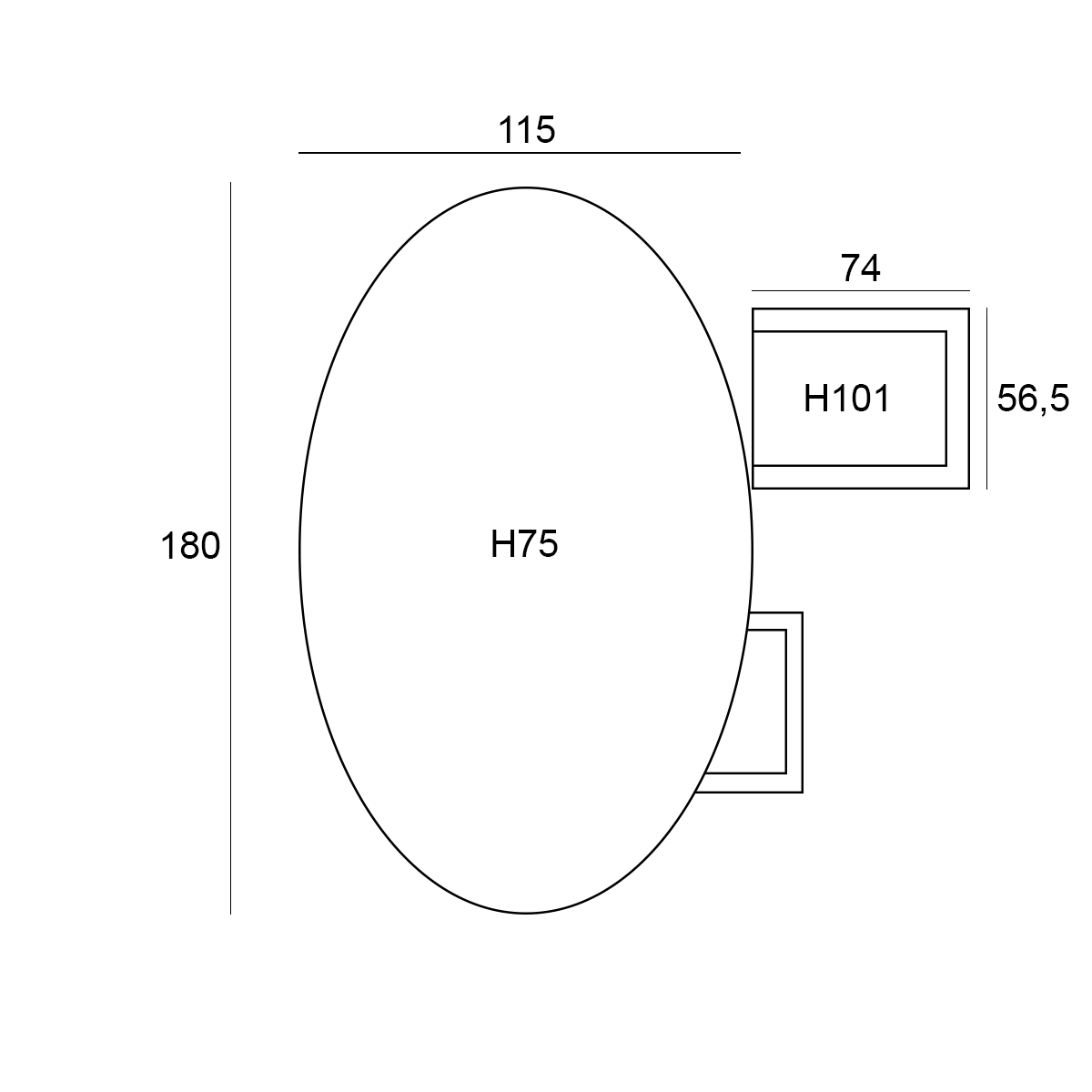 Diagram of an oval shape with dimensions labeled. Rectangles are on the side. Lines and numbers.