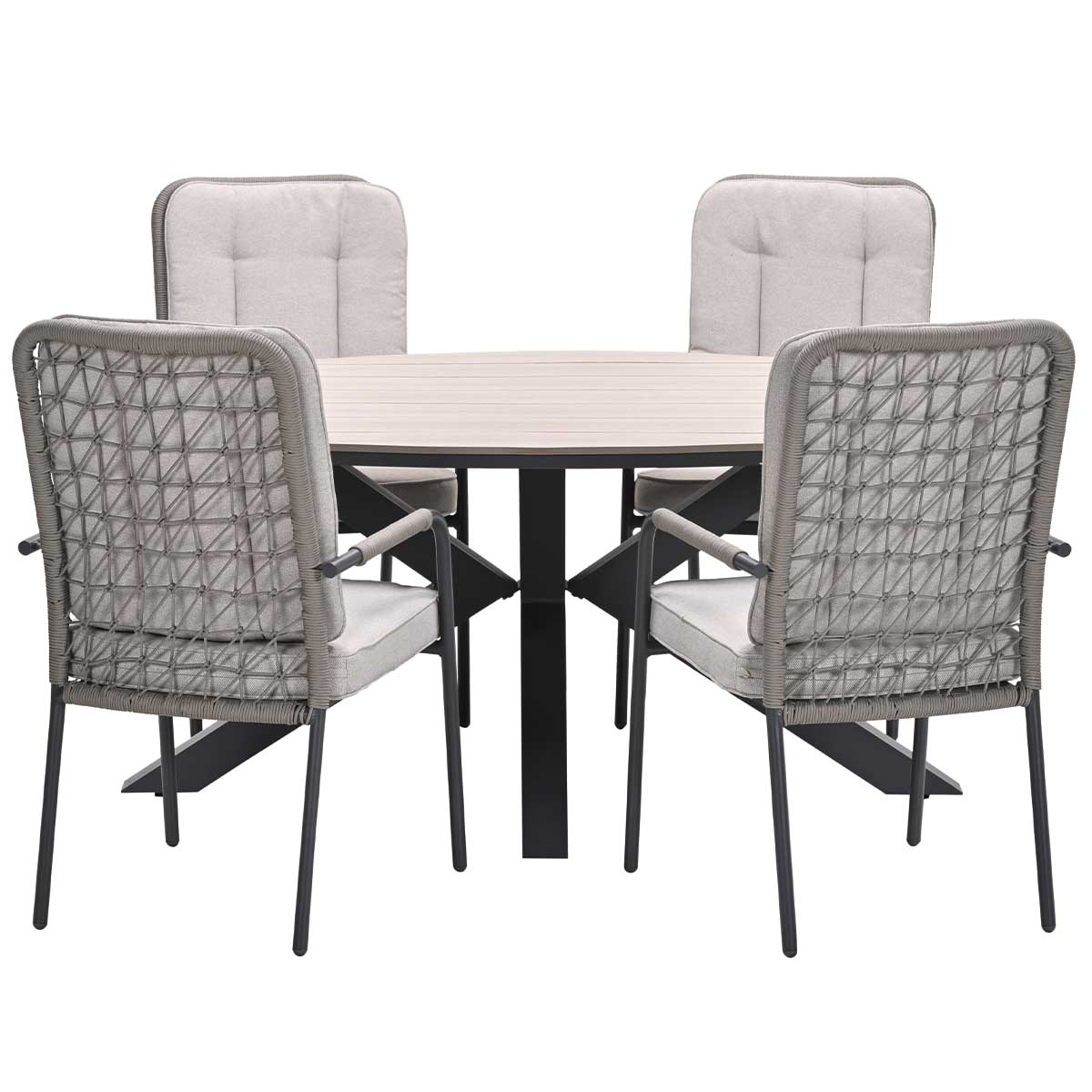 Round table with four chairs. Chairs have a gray woven back and gray seat cushions. White background.