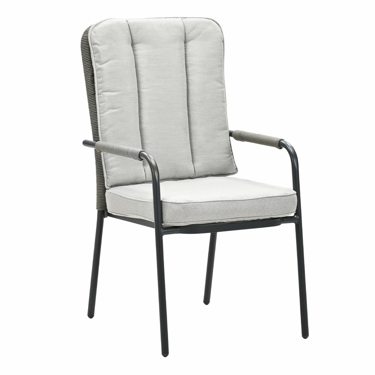 Gray chair with cushion. Black frame. White background.