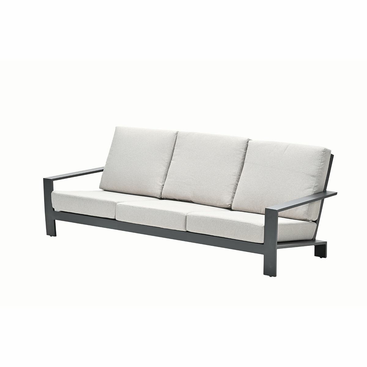 Driezits grijze bank. Zwart frame. Witte achtergrond.